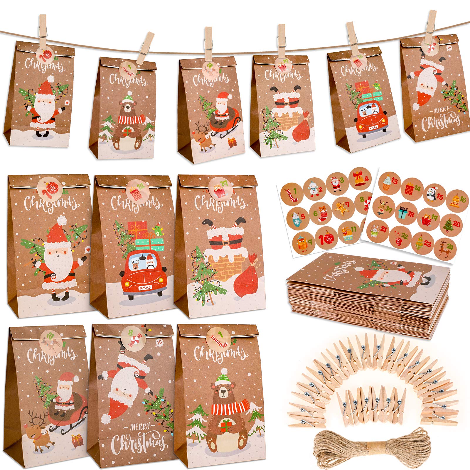 Konsait 24 Days Advent Calendar Christmas Decorations - DIY Countdown Calendar with Gift Bags, Numbers Stickers, Clips & Rope for Holiday Party Favors | Perfect for Christmas Countdown, Home Decor & Gift Giving