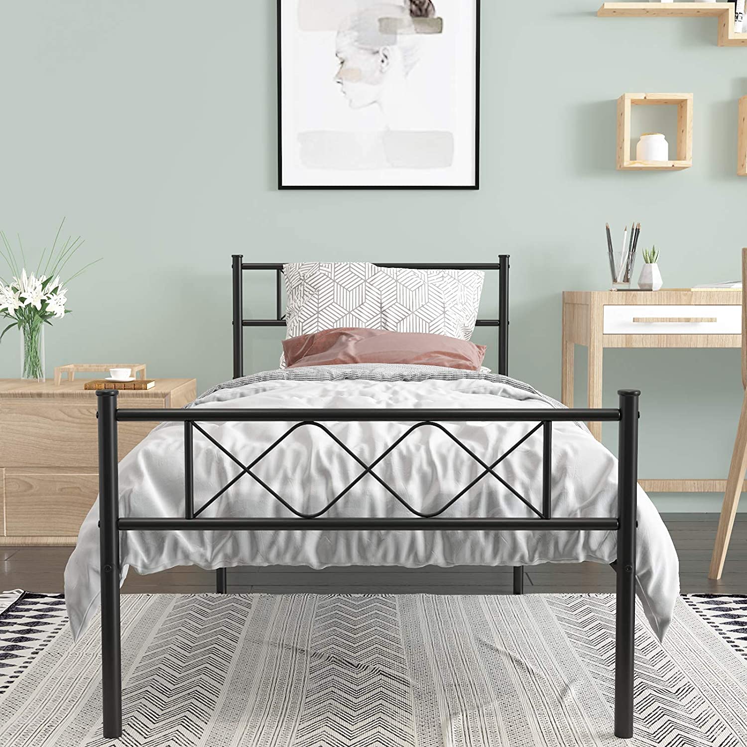 Weehom 12.7 Inch Metal Twin Bed Frame with Storage & Steel Headboard - No Box Spring Needed - Sturdy Platform Bed for Kids, Teens & Adults (Black) - Perfect for Small Bedrooms, Guest Rooms & Dormitories
