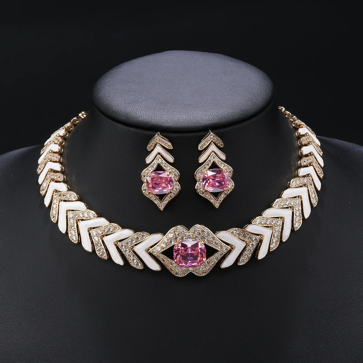 Cubic Zirconia White Enameled Lip Choker Necklace & Earrings Set for Women - Elegant Party Costume Jewelry Gift (CN11336) - Perfect for Prom, Halloween, and Special Occasions