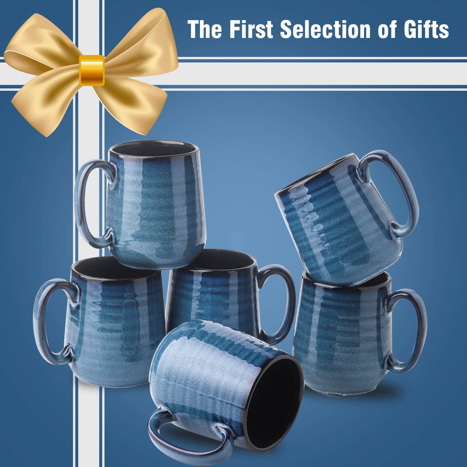 Hasense 12oz Ceramic Coffee Mugs Set of 6 - Blue Handled Tea Cups for Coffee, Tea & Cocoa - Dishwasher & Microwave Safe - Perfect for Home, Office & Gifts