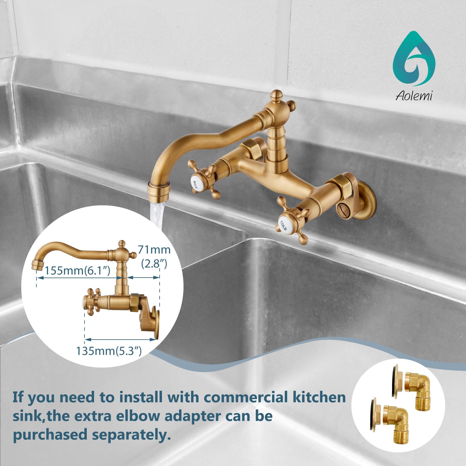 Aolemi Antique Brass Wall Mount Kitchen Faucet with 2 Cross Handles & 6 Inch Spout - Adjustable Center 3-9 Inch for Laundry Sink, Utility Sink, Basement, Garage or Outdoor Use