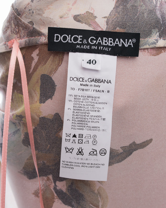Dolce & Gabbana Women's Pink Silk Blouse with Floral Print & Lace Overlay - Elegant Party Wear & Special Occasion Outfit