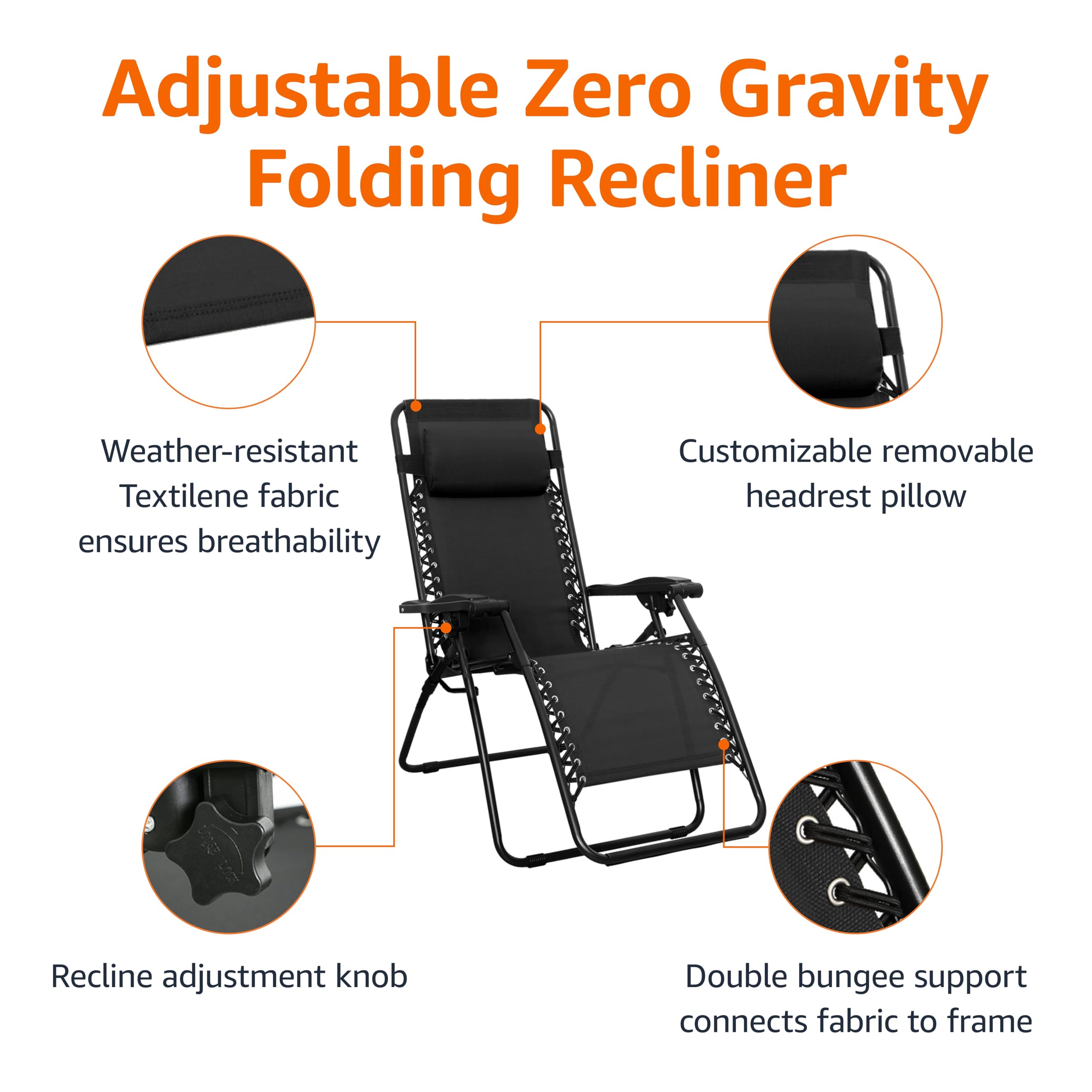 Amazon Basics Outdoor Textilene Adjustable Zero Gravity Folding Reclining Lounge Chair with Pillow, 26 Inch, Black - Perfect for Patio, Poolside, Beach, and Backyard Relaxation