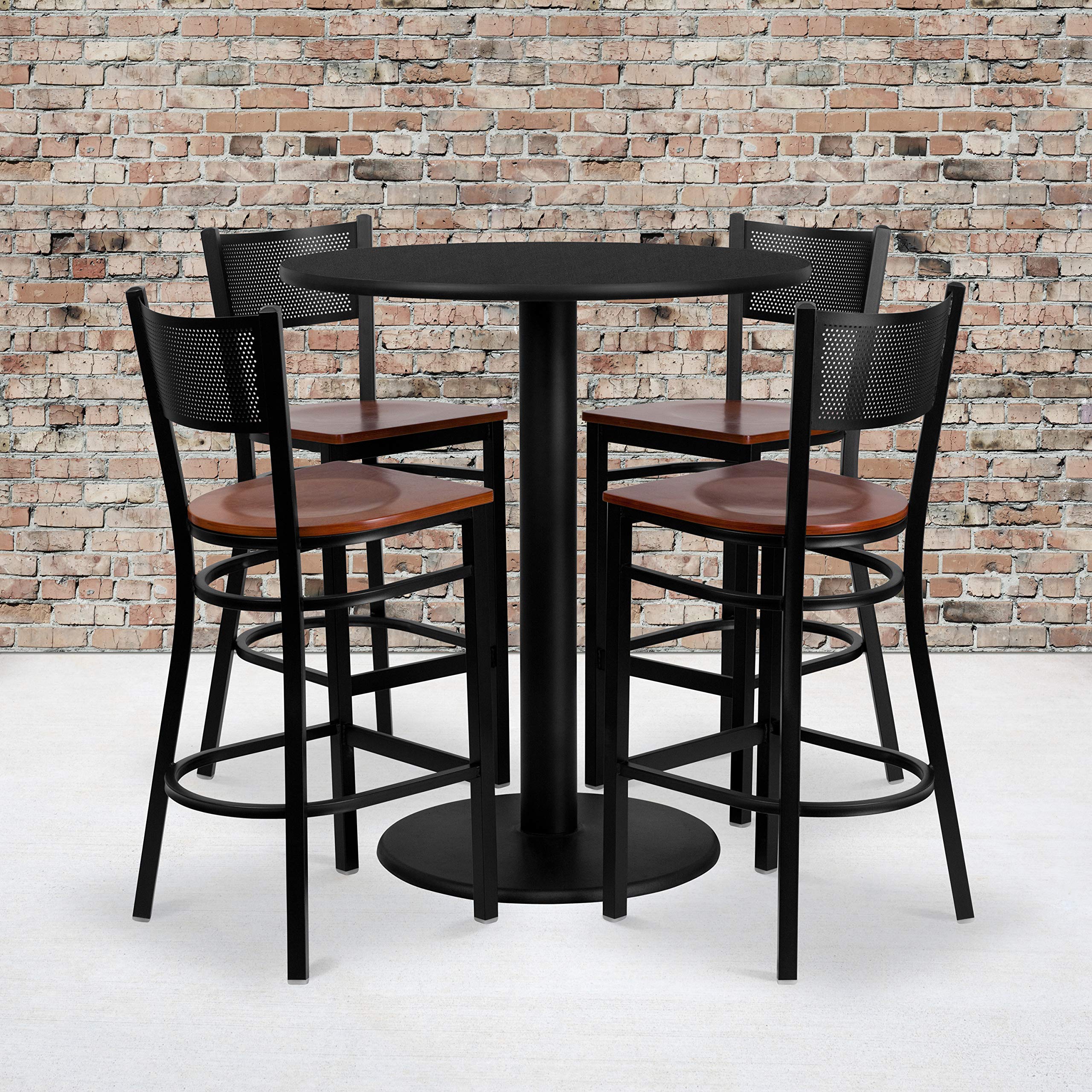 EMMA & OLIVER 36-Inch Round Black Laminate Dining Table Set with 4 Grid Back Metal Barstools - Perfect for Kitchen, Breakfast Nook, and Small Space Dining