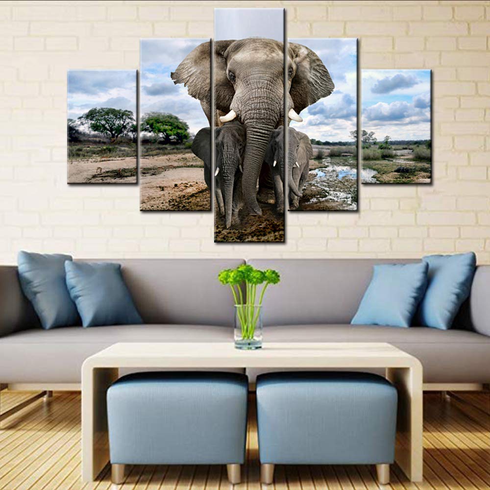 5-Piece African Animals Canvas Wall Art - Elephant Family Decor, Contemporary Framed Artwork for Living Room, Office, Bedroom (60