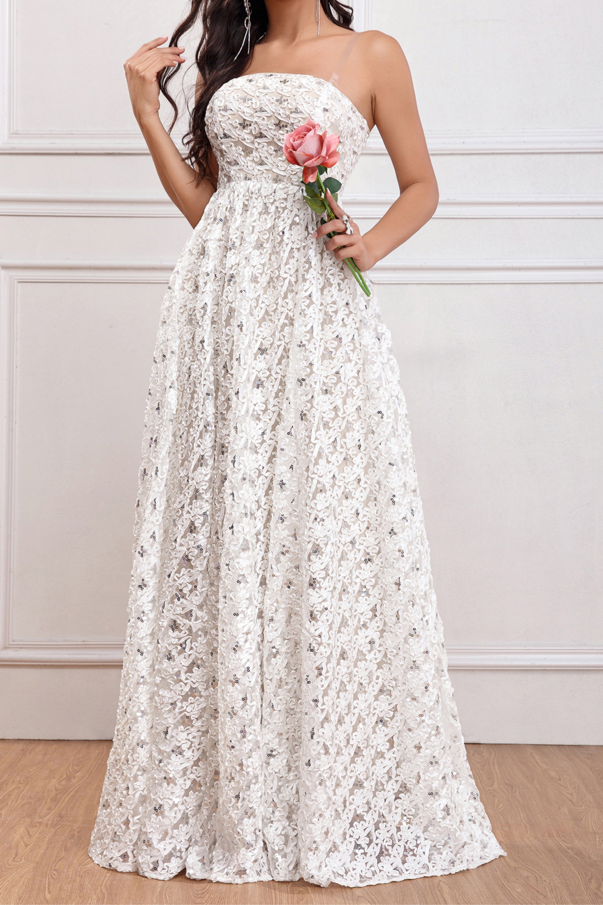 Elegant White Sequin A-Line Maxi Dress for Women - Perfect for Prom, Evening Parties & Special Occasions