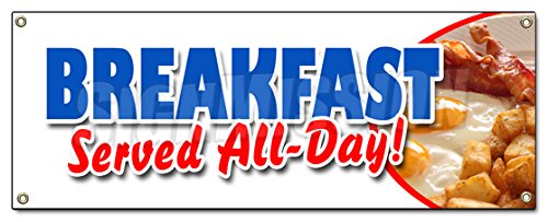 Breakfast Served All Day Banner Sign - Premium Restaurant Cafe Diner Decor for Bacon, Eggs, Pancakes, Waffles & Grits - Perfect for Diners, Cafes and Breakfast Events