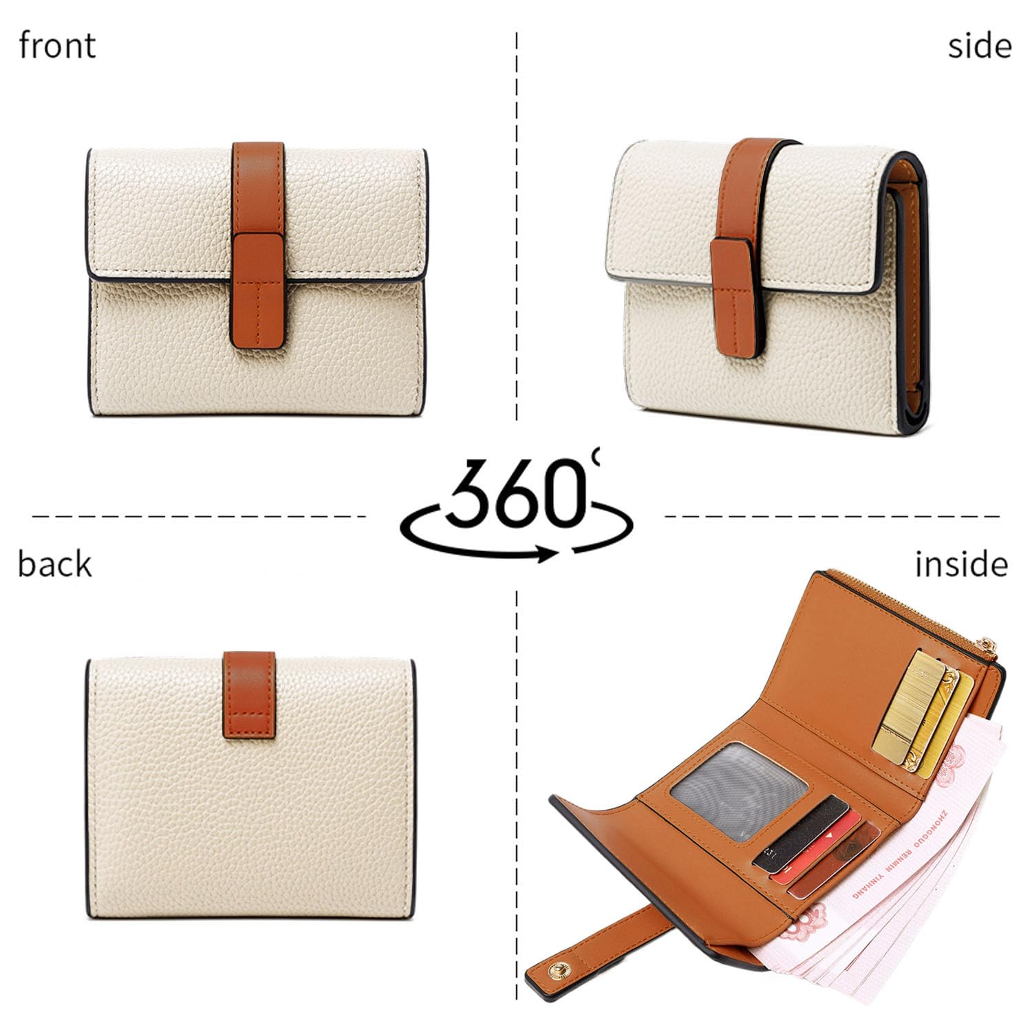 AOXONEL Genuine Leather RFID Blocking Womens Wallet - Slim Trifold Compact Wallet with Multiple Card Slots & Zipper Coin Pocket - Perfect for Everyday Use, Travel & Gift (White)