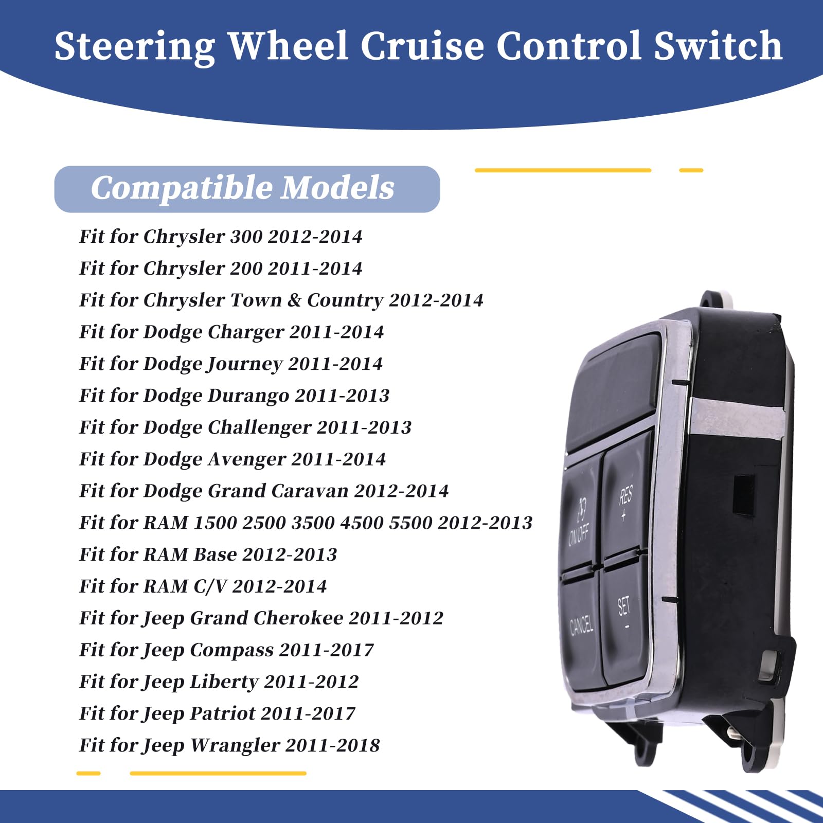Steering Wheel Cruise Control Switch 56046252AD 56046094AF Compatible with Chrysler 300, Dodge Charger Durango, RAM 1500 2500, Jeep Grand Cherokee 2011-2014 - Replacement Speed Control Switch for Smooth Highway Driving