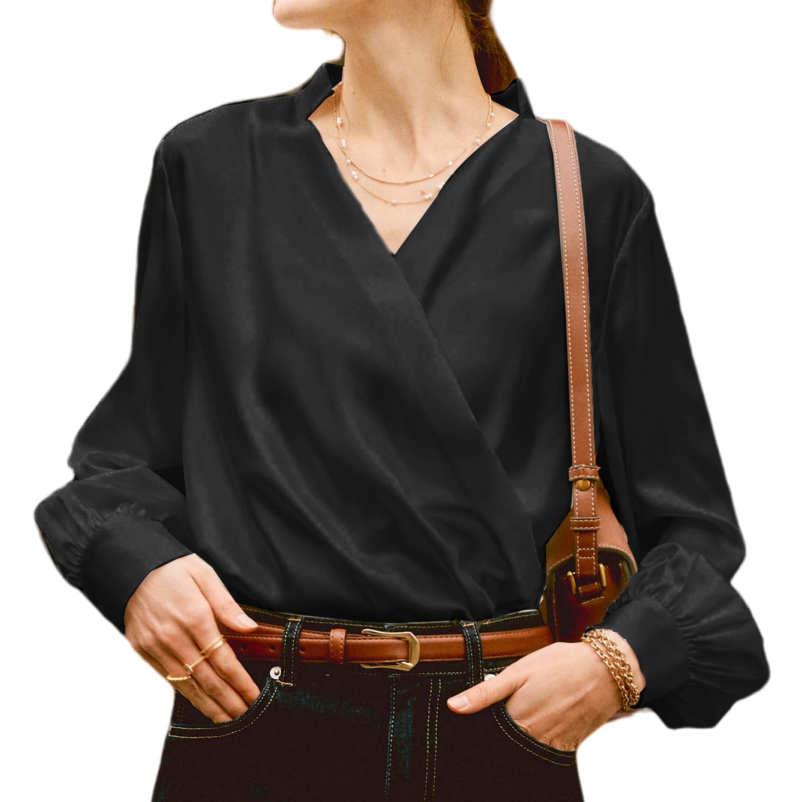 Elegant Women's Silk Blouse Long Sleeve Button Down Shirt with Ruched V-Neck - Classic Flowy Summer Top for Office, Date Night & Special Occasions