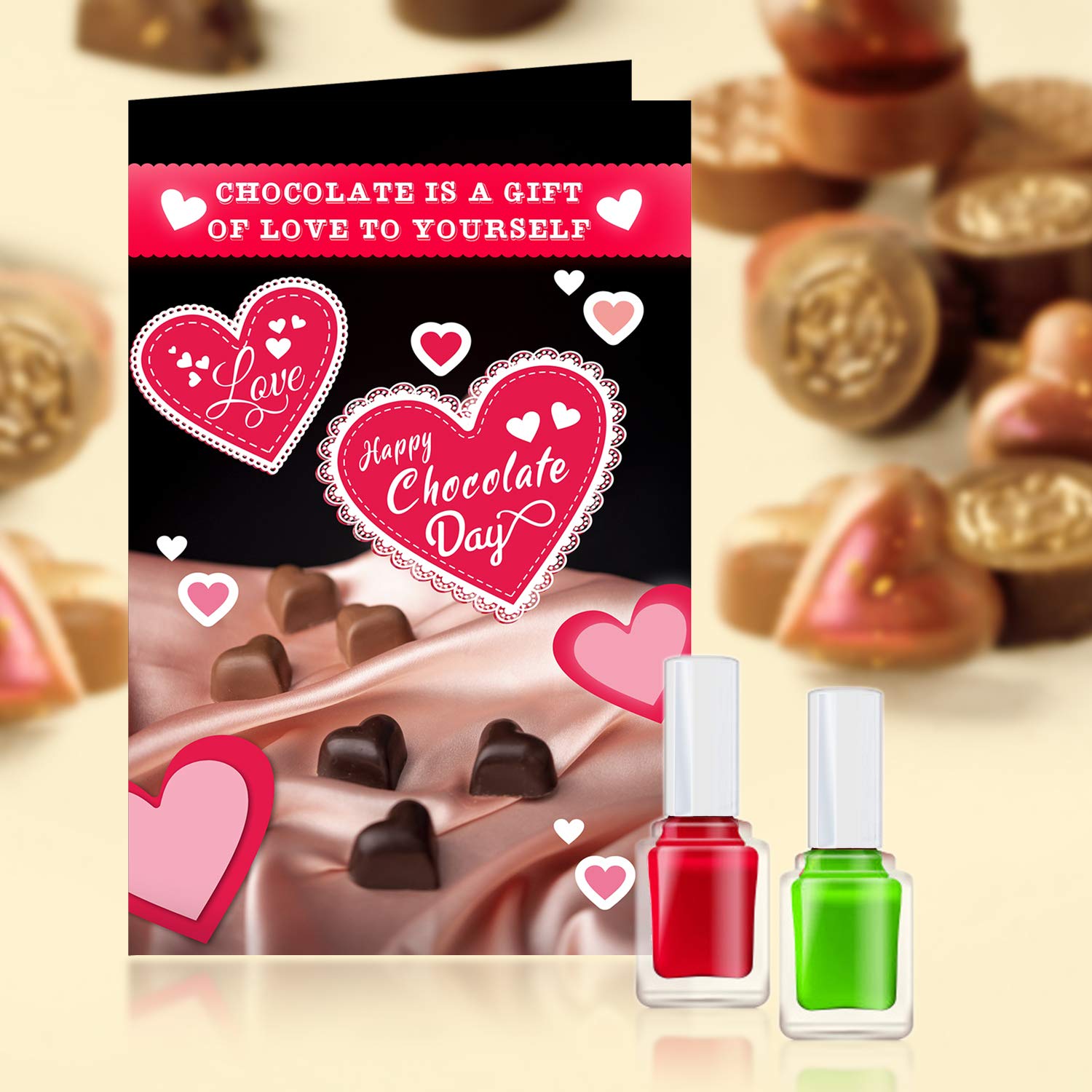 Premium Chocolate Gift Set with 2 Long-Lasting Nail Polishes - Valentine's Day, Birthday & Self-Care Present for Women | Multicolor Nail Paint Hamper & Love Greeting Card | Perfect for Anniversary, Mother's Day & Romantic Surprises