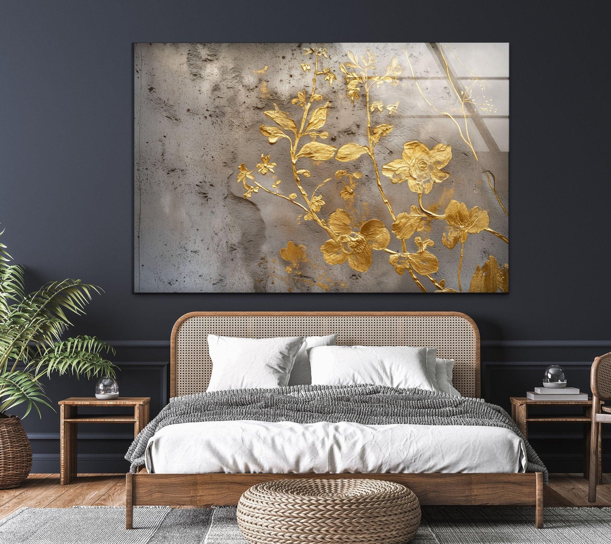 Abstract Gold Flowers Glass Wall Art - Modern Home Decor for Living Room, Bedroom, Office - Elegant Handmade Glass Painting for Wall Display