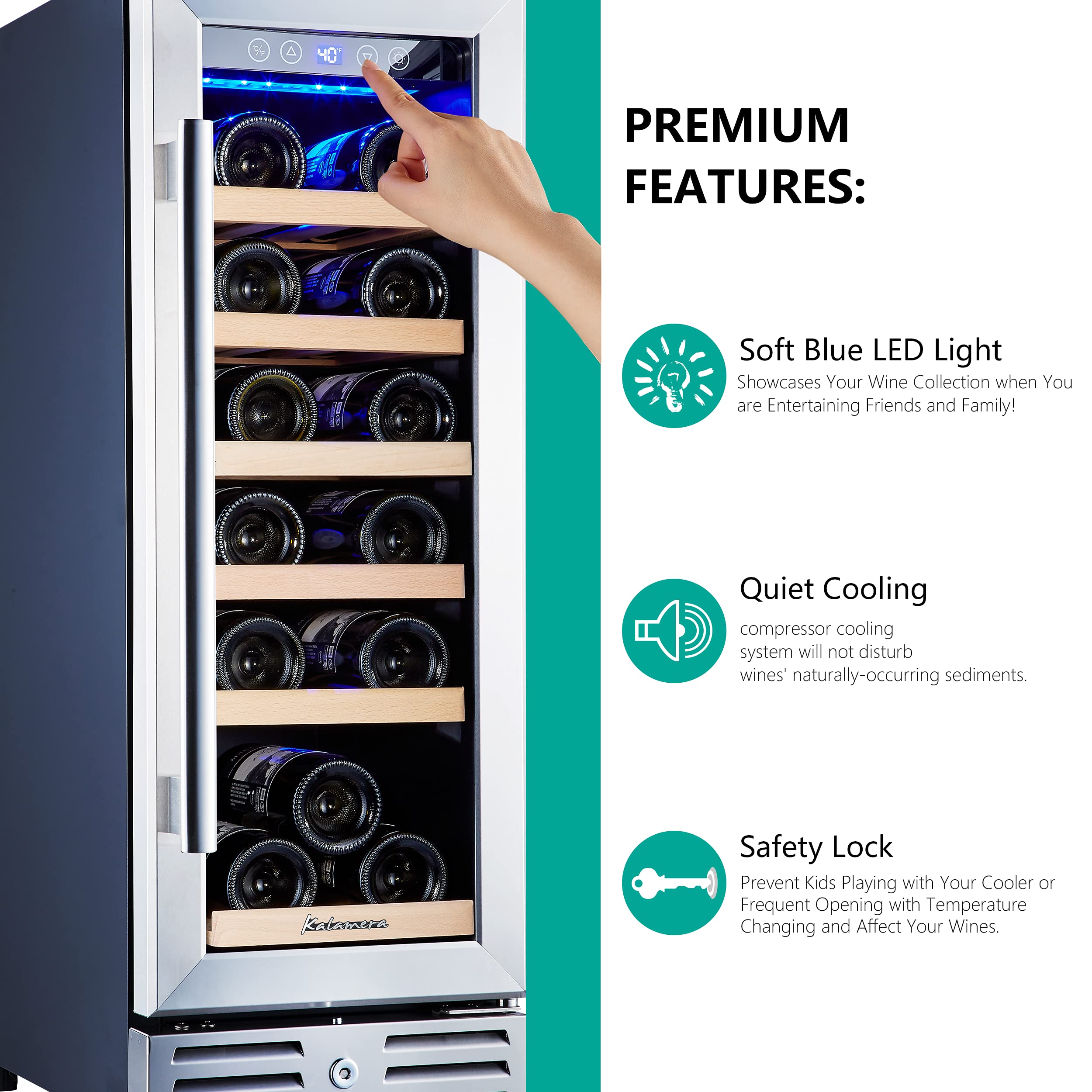Kalamera 18 Bottle Mini Wine Cooler Refrigerator - 12 Inch Built-in or Freestanding Wine Fridge with Stainless Steel Frame, Double-Layer Tempered Glass Door & Temperature Memory Function - Perfect for Home Bar, Kitchen, Office or Entertainment Room