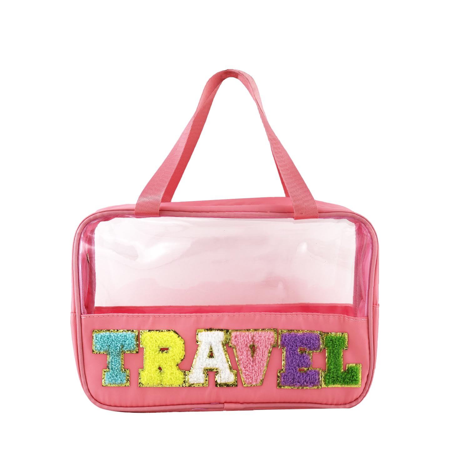 Preppy Pink Letter Patch Clear Makeup Bag - Waterproof Travel Toiletry & Cosmetic Organizer with Handle for Women & Girls - Perfect for Beach, Gym, School & Travel Storage - Large Snacks & Essentials Pouch