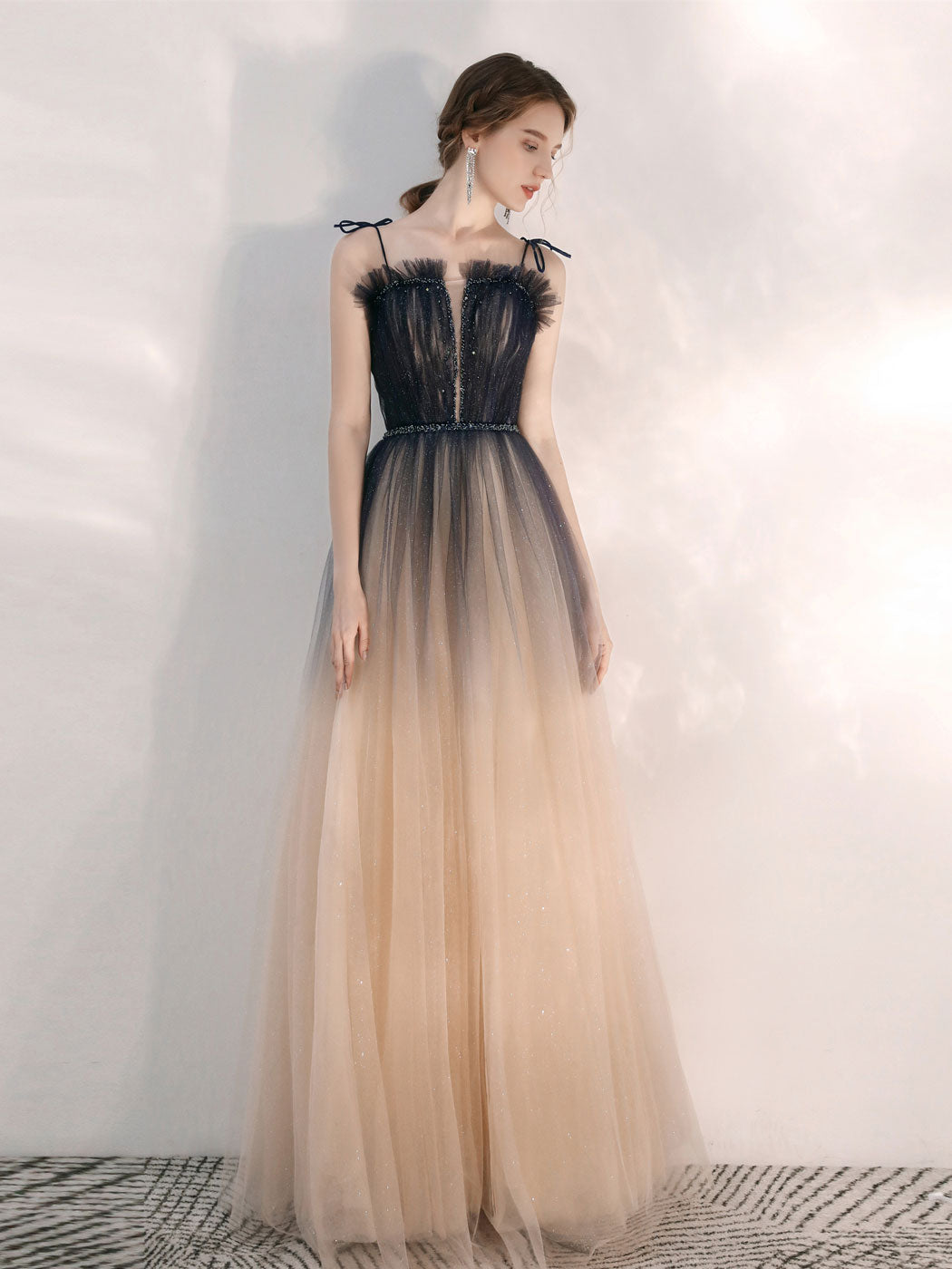 Elegant Champagne A-Line Tulle Sequin Long Prom Dress for Women - Formal Evening Gown for Homecoming, Ball, Wedding & Special Occasions
