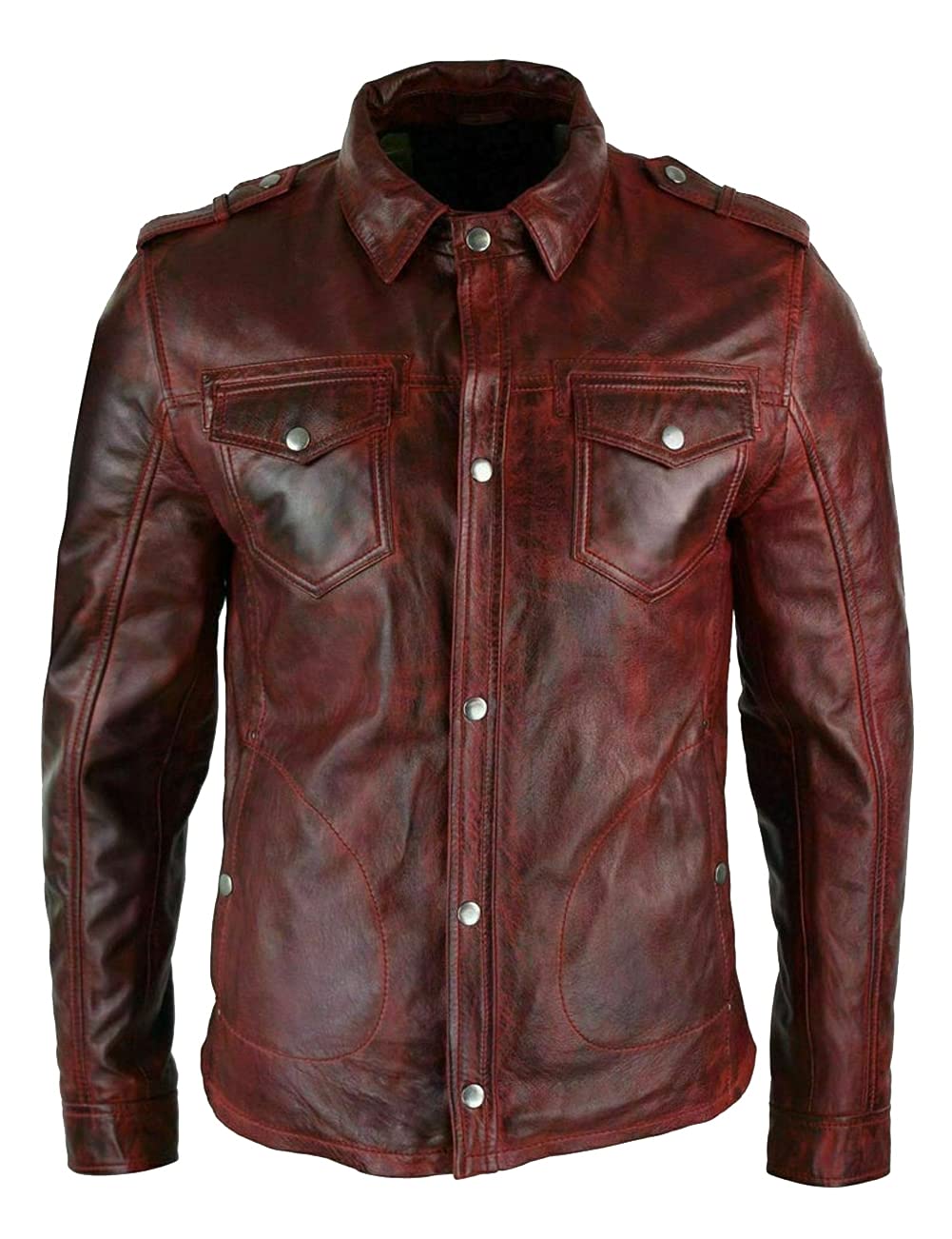Men's Burgundy Waxed Leather Shirt Jacket - Vintage Style Distressed Motorcycle Biker Jacket for Casual Wear & Outdoor Adventures