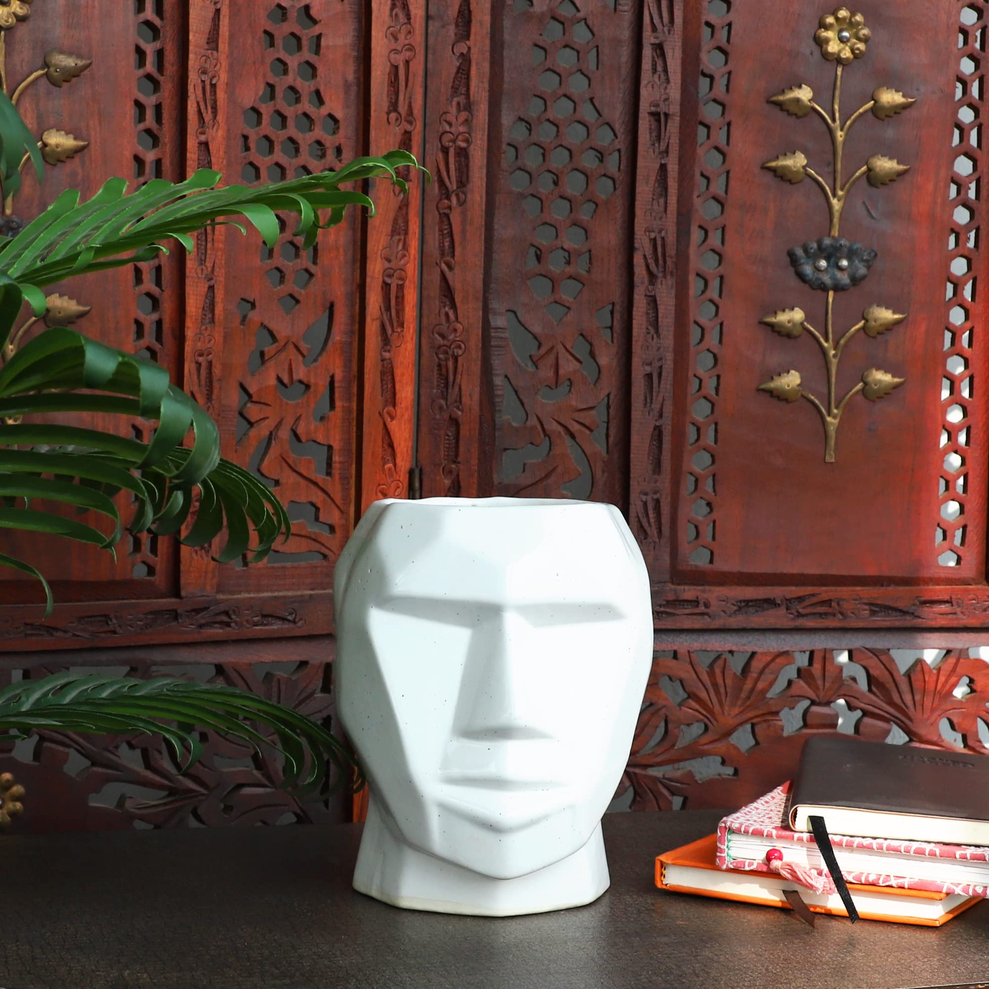 Handmade Ceramic Man Shape Flower Vase Planter - Khurja Pottery Home Decor (White, 6.5