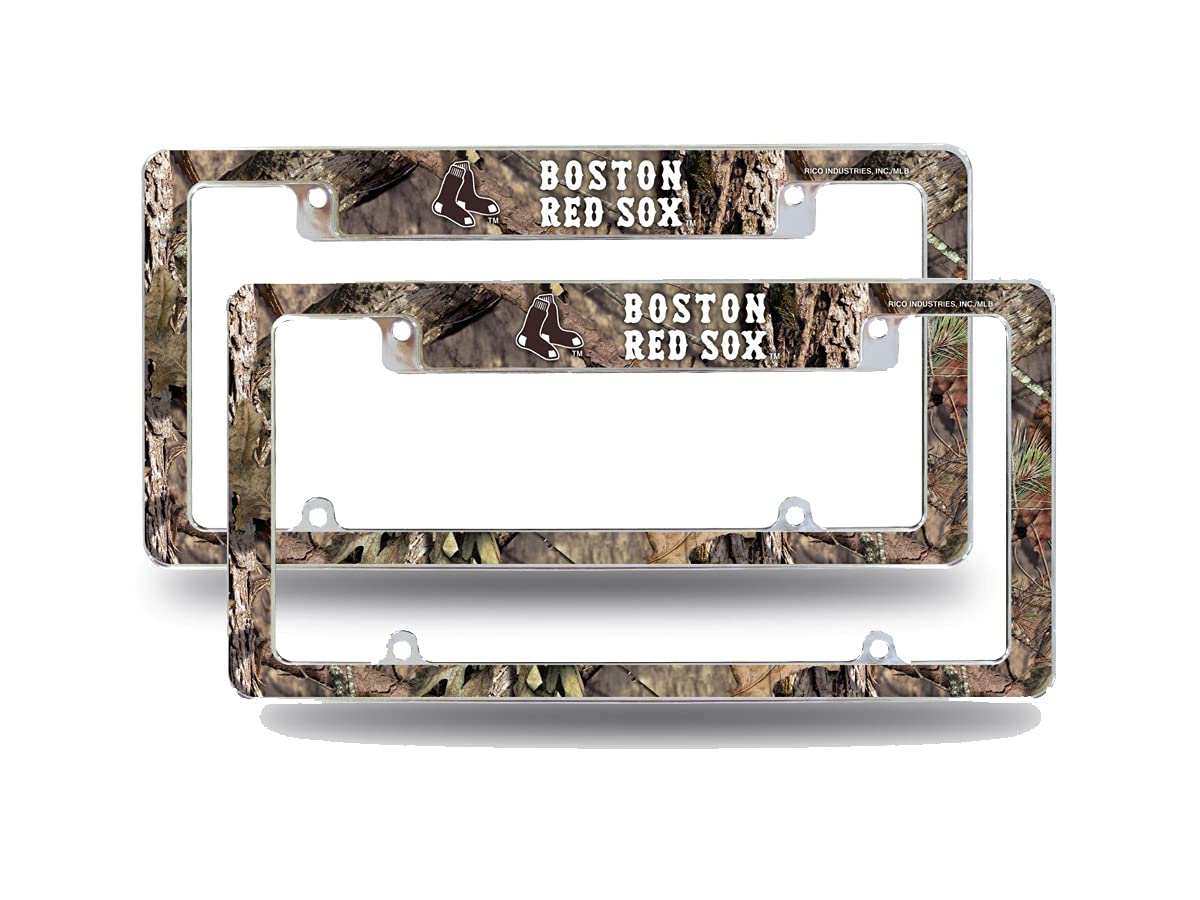 Boston Red Sox Chrome Metal License Plate Frames (Set of 2) - Mossy Oak Camouflage Design for Cars, Trucks & SUVs - Durable Auto Accessories for Baseball Fans & Outdoor Enthusiasts