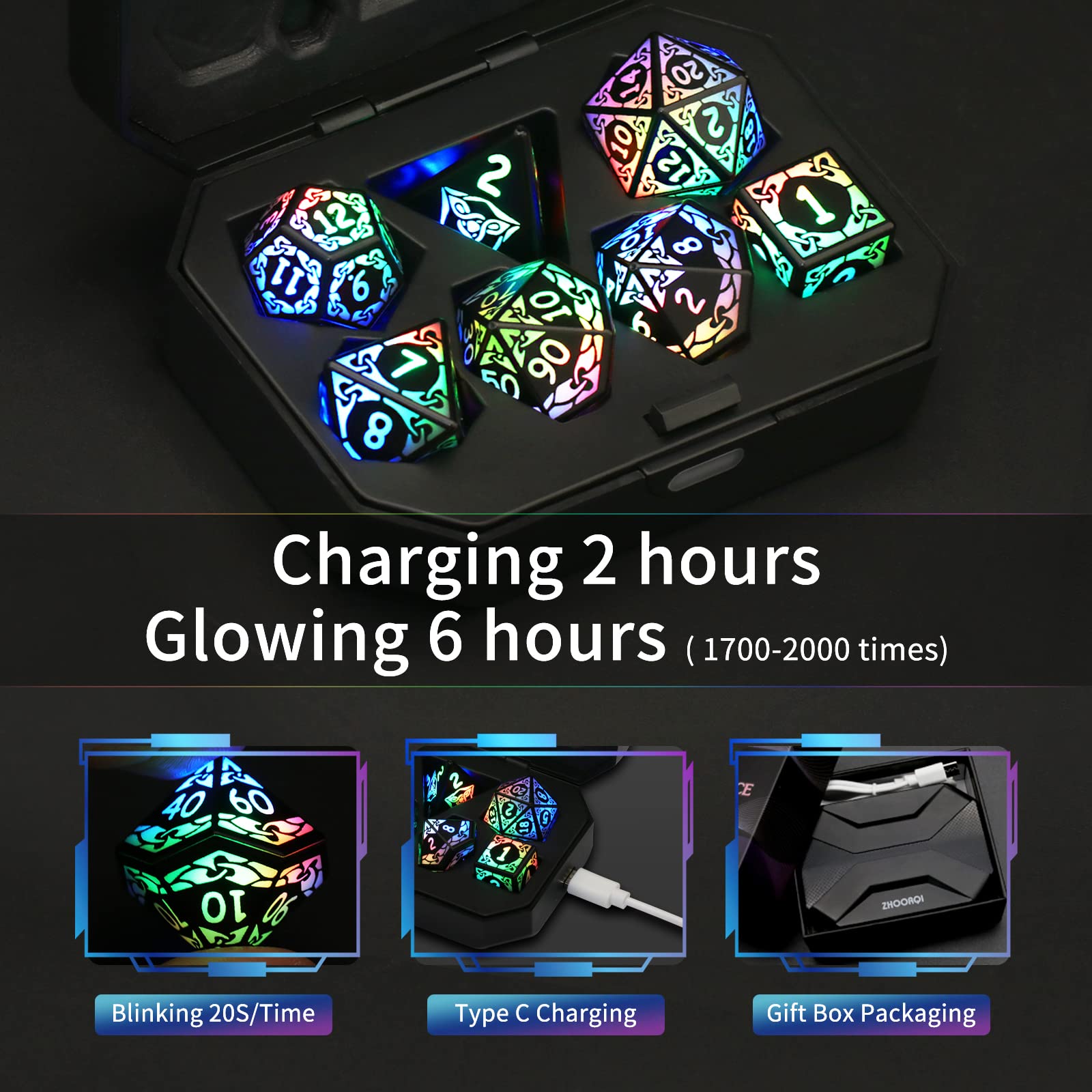 ZHOORQI LED Dice Set of 7 - Rechargeable DND Dice with USB Charging Box | Color-Changing RPG Dice for Dungeons & Dragons, Tabletop Games | Perfect for Night Gaming & D&D Campaigns