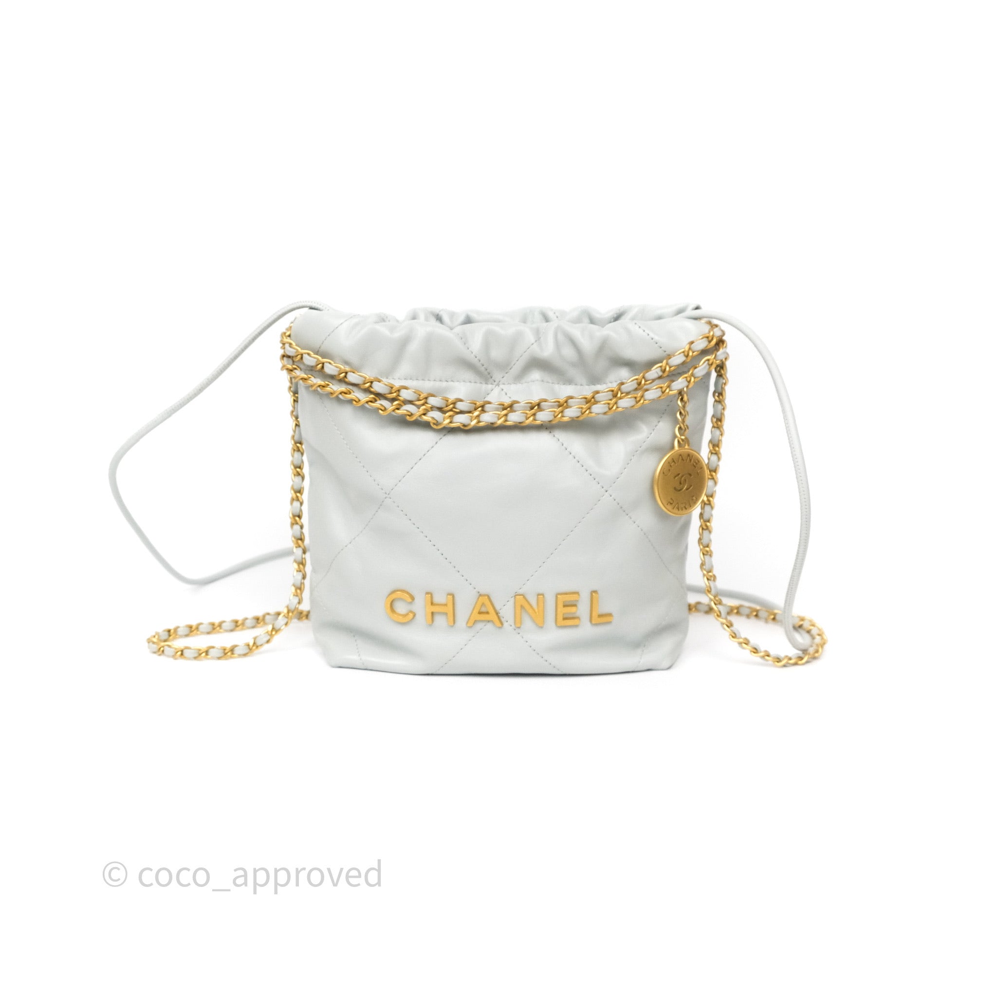 Chanel 22 Mini Bag Light Blue Shiny Crumpled Calfskin with Aged Gold Hardware - Luxury Crossbody Purse for Women, Perfect for Date Night & Evening Events