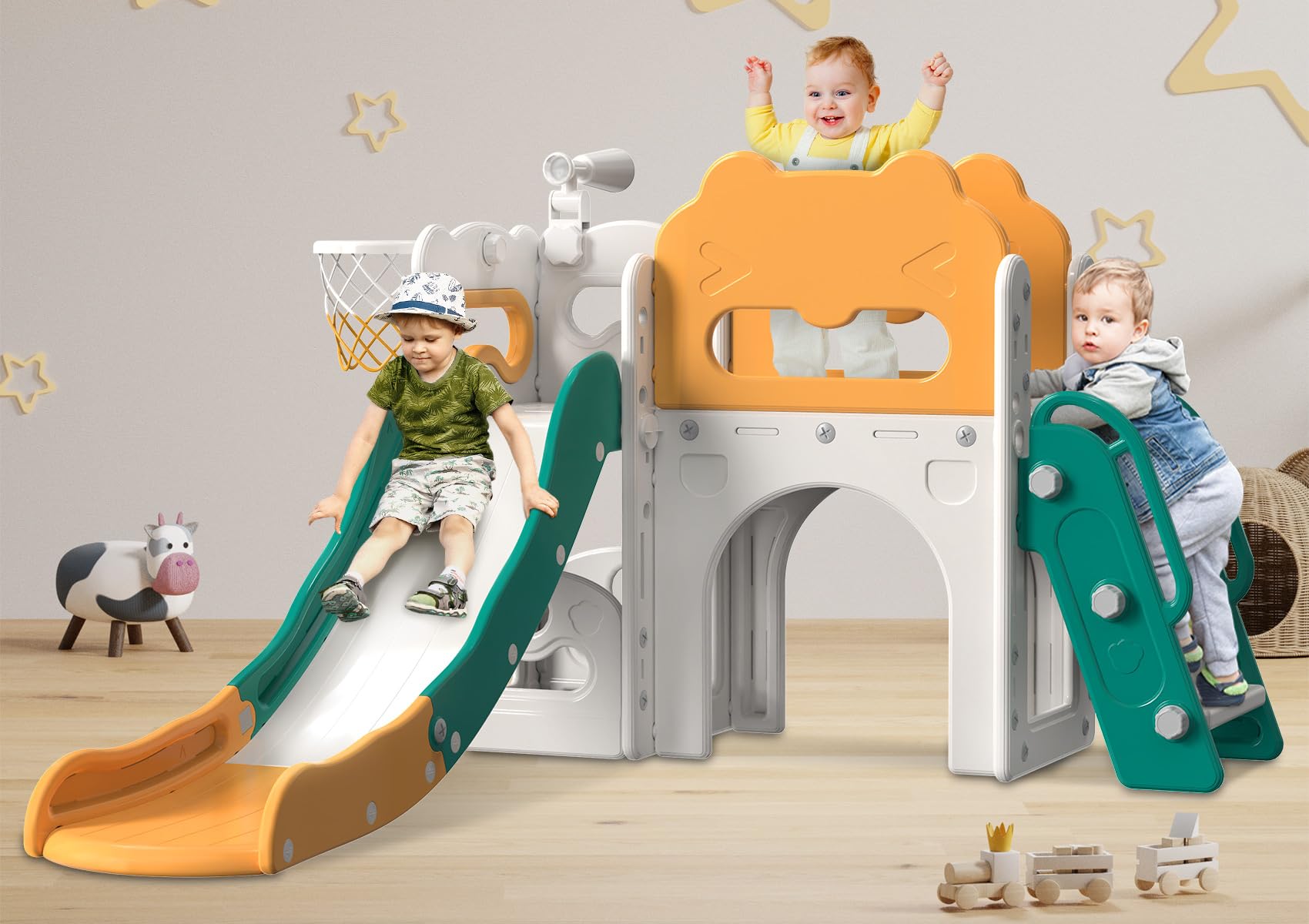Babytronic 7-in-1 Toddler Slide Playset for Kids Ages 1-3 - Indoor/Outdoor Baby Slide with Basketball Hoop & Telescope - Green & Yellow Toddler Playground Equipment for Backyard, Nursery & Daycare Fun