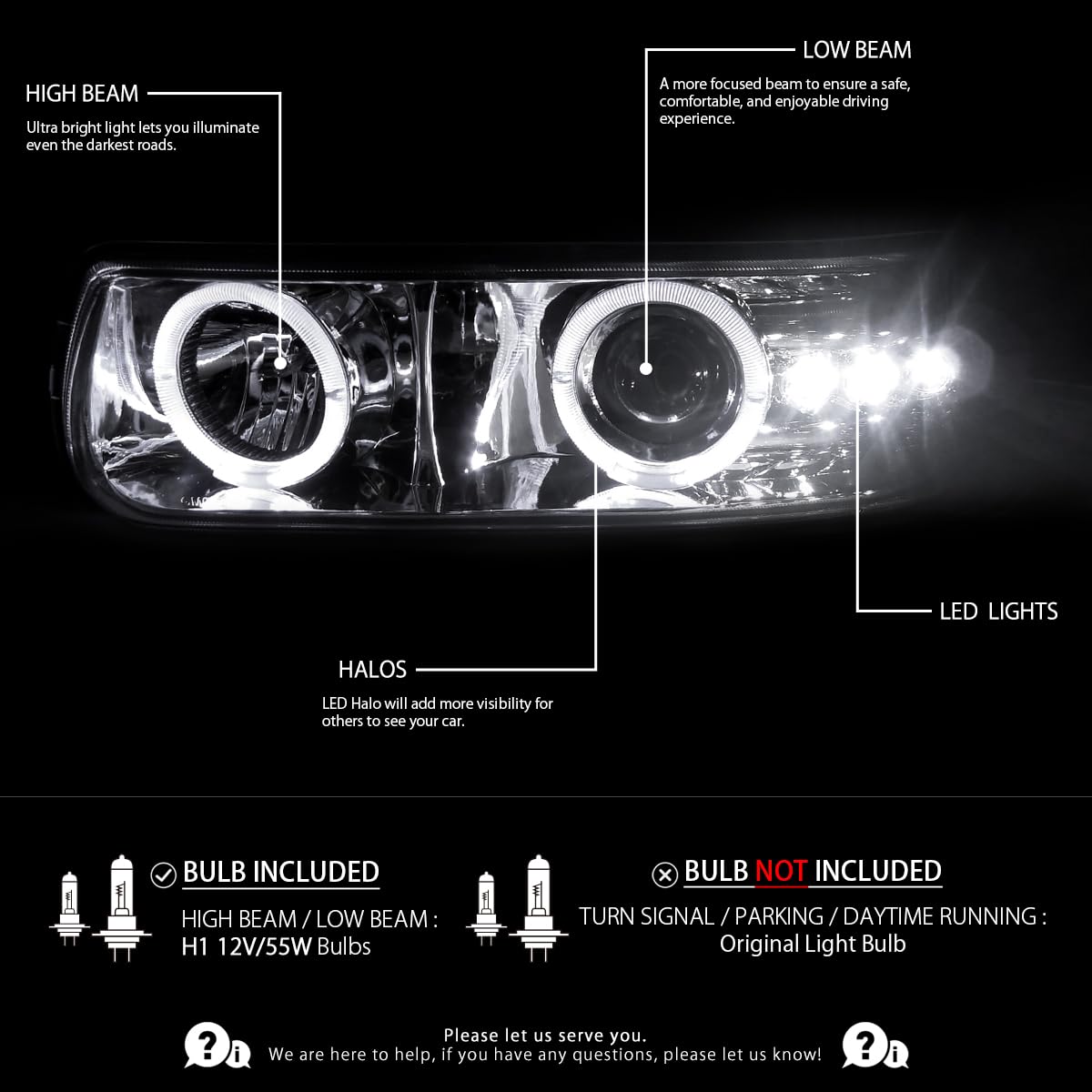 AUTOZENSATION LED Halo Chrome Projector Headlights & Bumper Lights - Compatible with 1999-2002 Chevy Silverado 1500/2500/3500 & 2000-2006 Tahoe - Left+Right Pair Headlamp Assembly - Upgrade for Night Driving & Off-Road Adventures