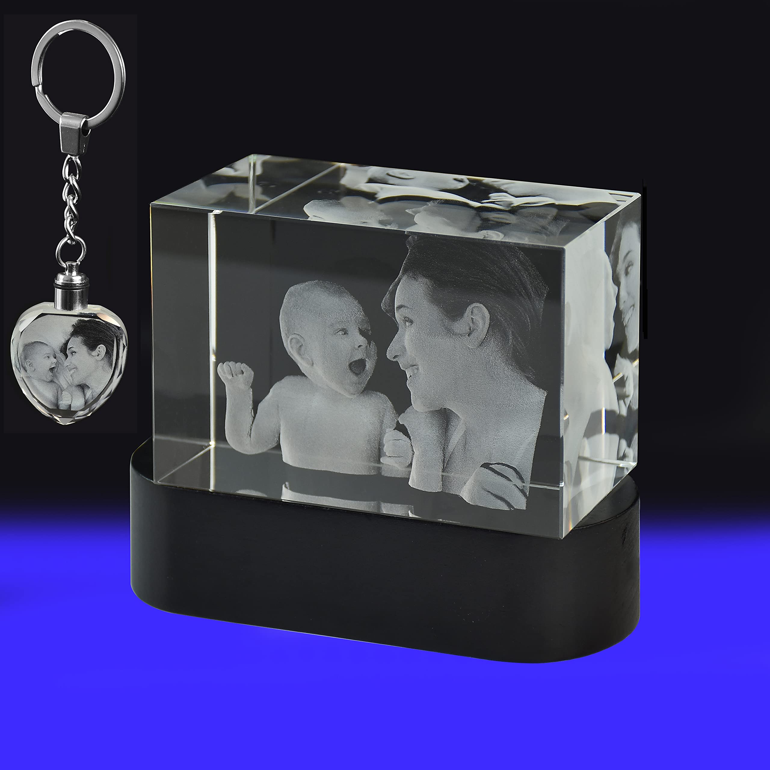 Custom 3D Crystal Photo Cube with Black Wooden Base & Warm White LED Lights - Personalized Gift Set with Free Keychain - Perfect for Anniversaries, Weddings, and Home Decor