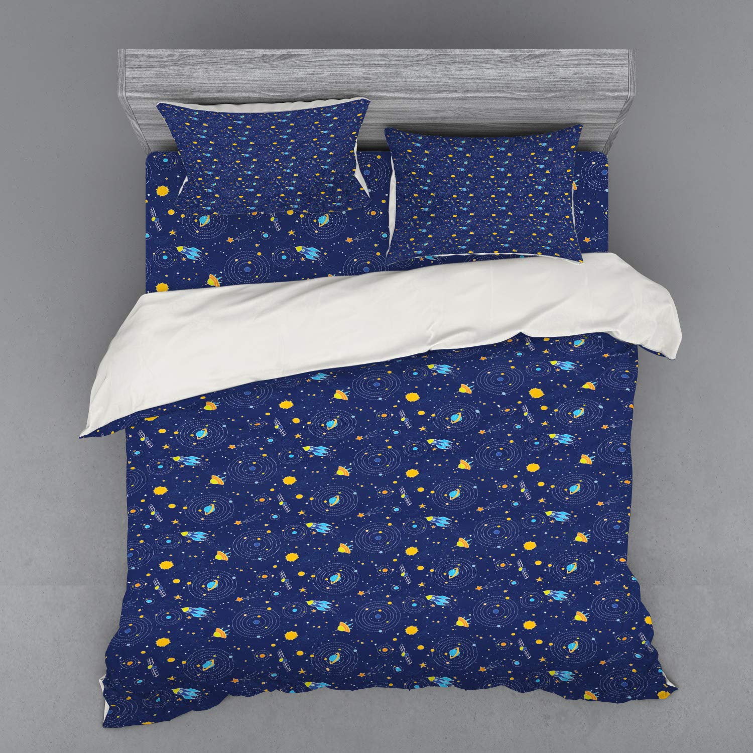 Ambesonne Galaxy Space Bedding Set - 3 Piece Duvet Cover with Sham & Fitted Sheet, King Size, Orange & Dark Blue - Shooting Stars, Planets, Spaceship & Moon Design - Perfect for Astronomy Lovers' Bedroom Decor & Sci-Fi Themed Rooms
