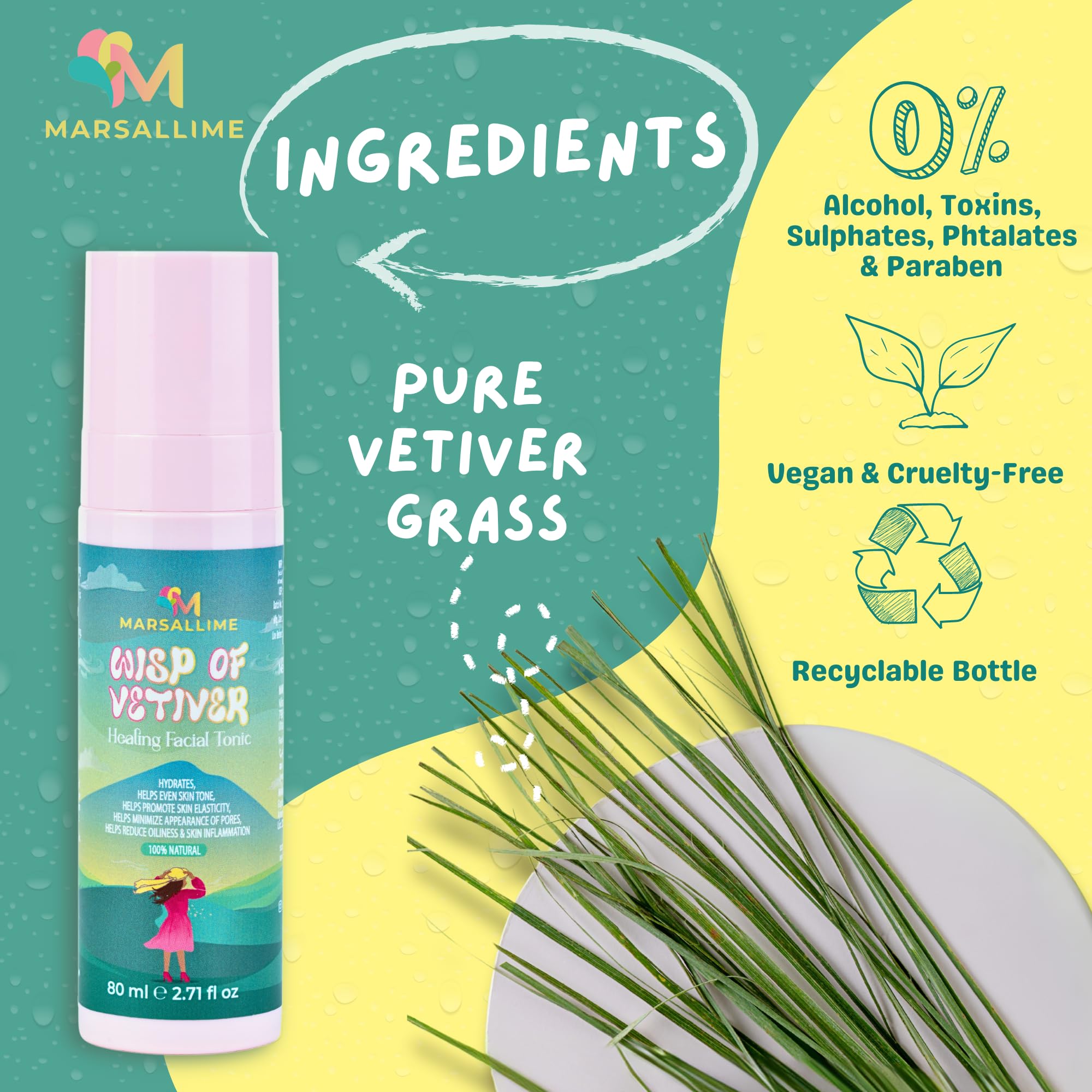 Marsallime Vetiver Face Toner - Alcohol-Free Hydrating Facial Mist for Oily & Acne-Prone Skin | Brightens Complexion, Reduces Blemishes & Controls Shine | Vegan, Fragrance-Free Skincare (80ml) | Perfect for Morning Routine & Post-Workout Refresh