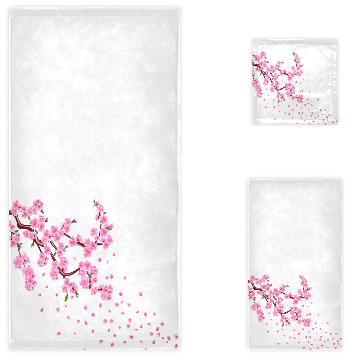 Luxury Soft Pink Cherry Blossom Bath Towel Set of 3 - 1 Bath Towel, 1 Hand Towel & 1 Washcloth | Premium Decorative Cotton Towels for Bathroom, Hotel, Spa, Gym & Beach Use | Spring Floral Home Decor (White)