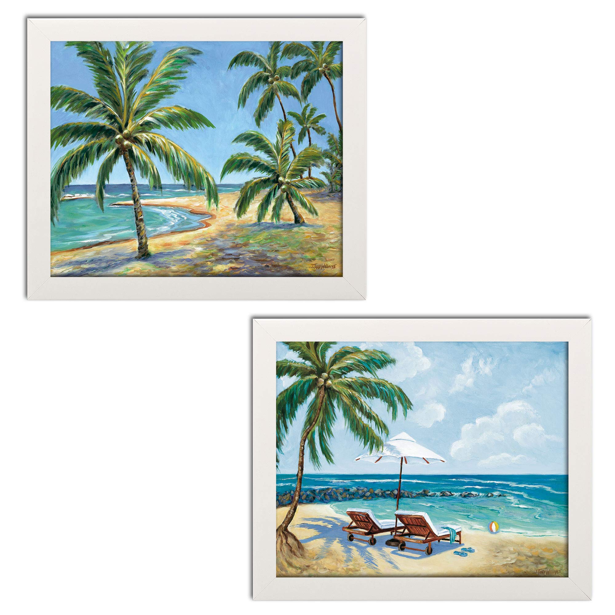 Bluegreen Beach Lounge Chairs Art Prints - Set of 2 White Framed 14x11in Wall Decor, Ready to Hang | Perfect for Coastal Living Room, Beach House & Vacation Home Decor