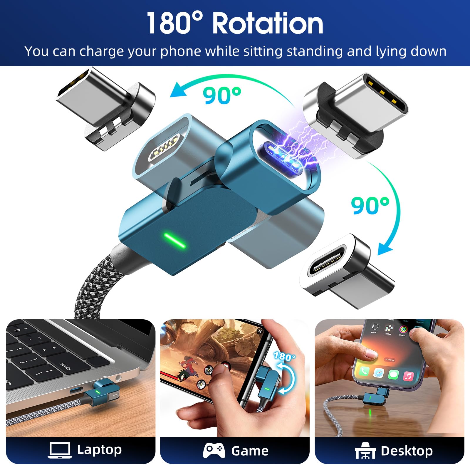 100W Magnetic USB C Charging Cable (3-Pack 6FT) - Fast Charging & Data Transfer USB C to USB C Cable with 180° Rotation - Compatible with iPhone 16/15, Galaxy, MacBook, iPad - Perfect for Home, Office & Travel Charging