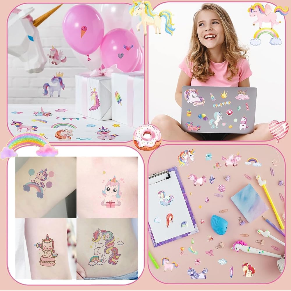 Cute Waterproof Pink Unicorn Stickers - TREXEE Temporary Tattoos for Girls, Face & Body Art, Party Favors, Envelopes, Gift Bags (Pack of 10) - Perfect for Birthday Parties, Baby Showers & Kids' Crafts