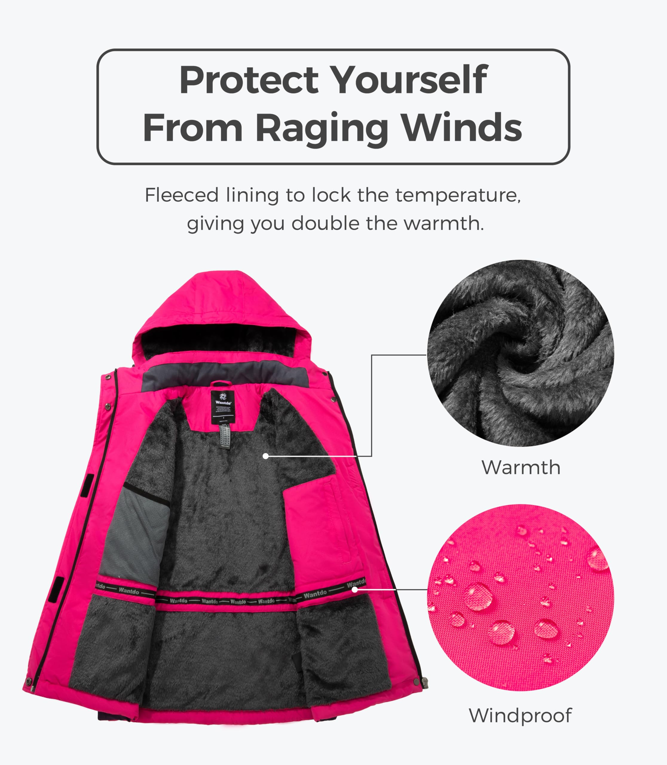 Wantdo Women's Waterproof Ski Jacket - Windproof Winter Coat with Fleece Lining for Skiing, Snowboarding & Outdoor Activities