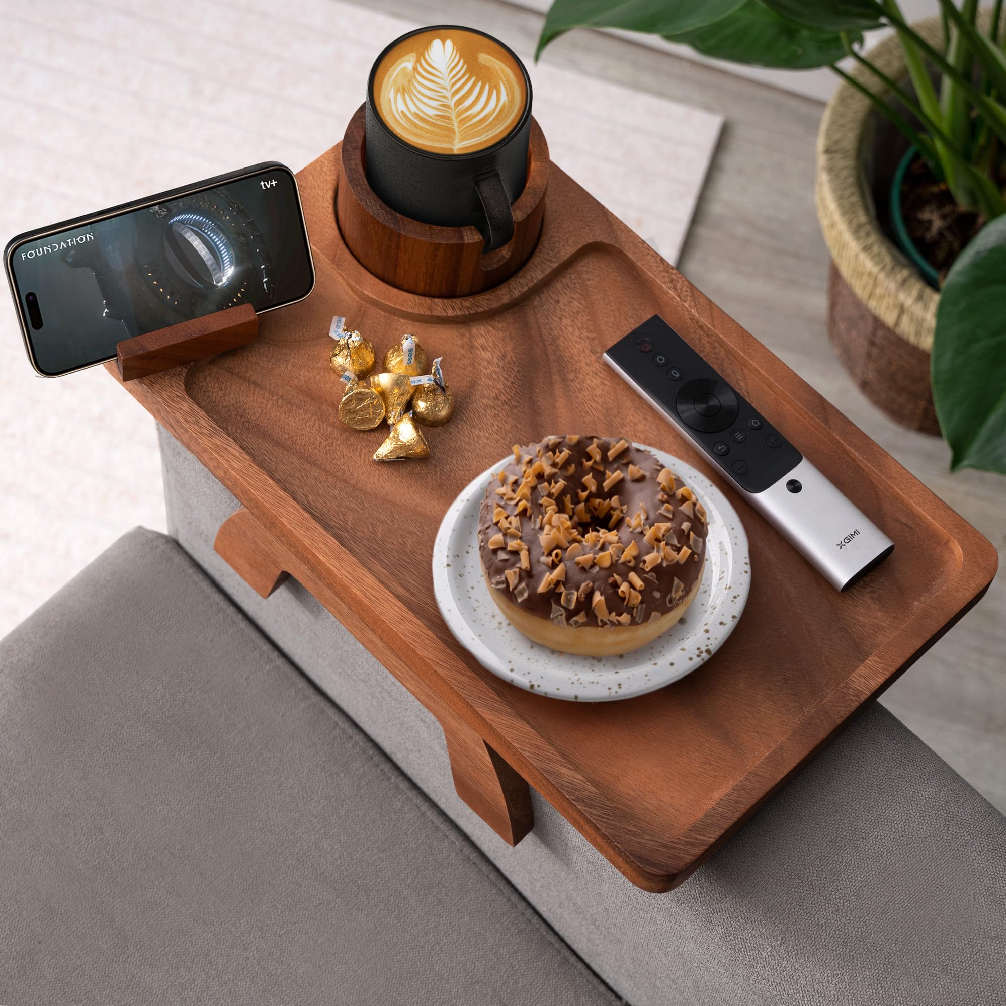 **Acacia Wood Sofa Arm Tray - Portable Large Couch Cup Holder with Anti-Spill Design | Perfect for Snacks, Beverages & Remote Control | Ideal for Living Room, Bedroom & Home Theater Use**