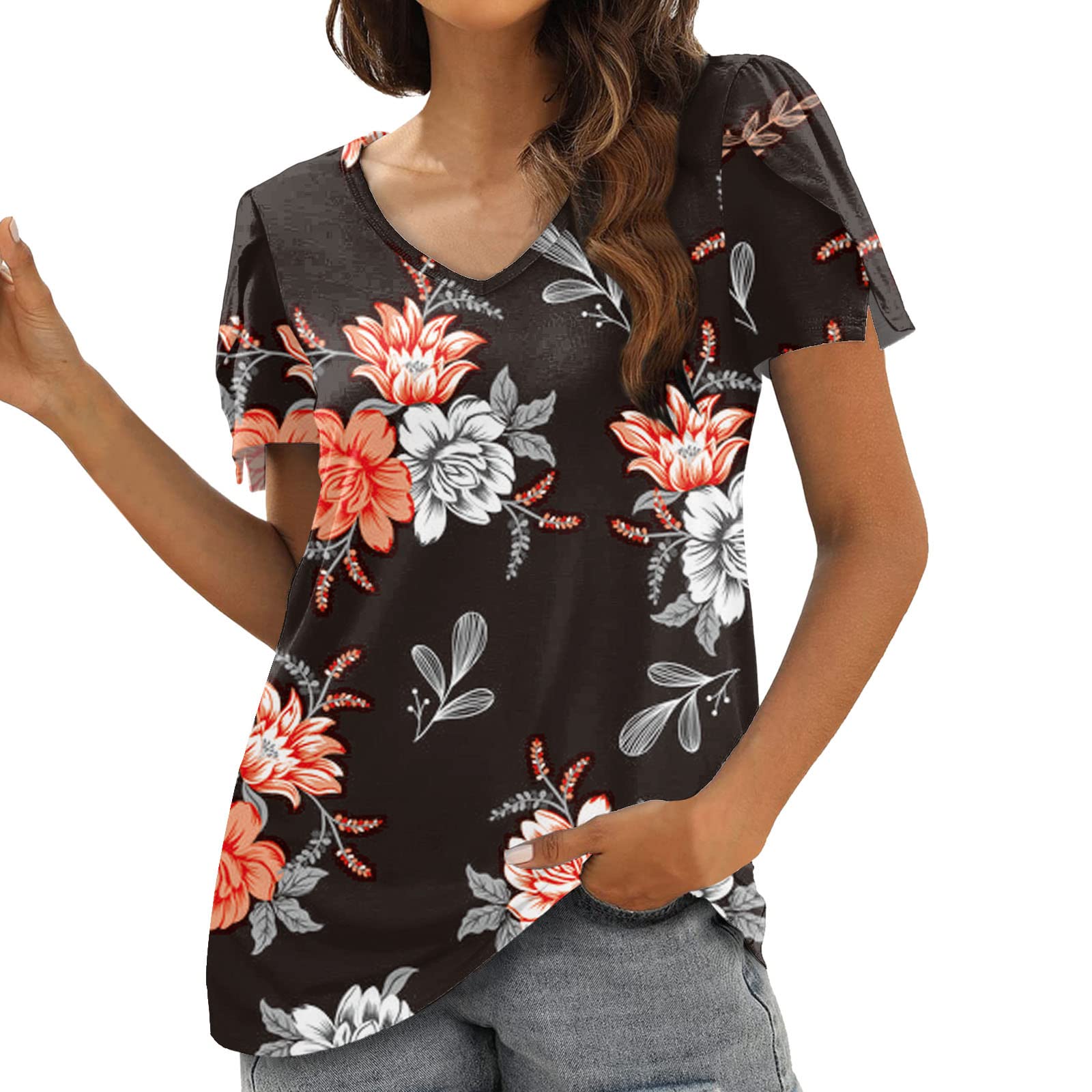 Women's Summer V-Neck Printed T-Shirt with Petal Sleeves - Casual Short Sleeve Blouse for Women (Large) - Perfect for Beach Outings, Vacation Wear & Everyday Comfort