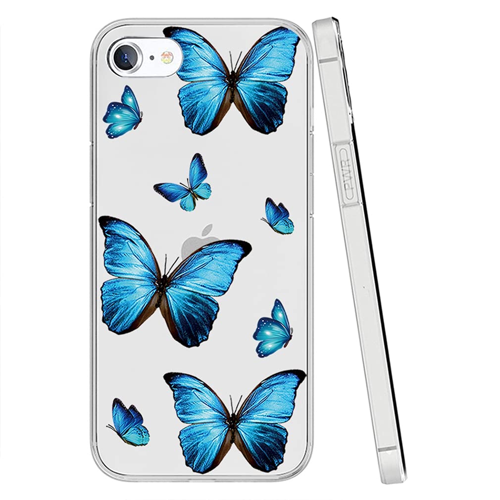 iPhone 6/6S Case - Clear Flexible TPU Bumper with Blue Butterfly Design | Soft Silicone Rubber Protective Cover | Perfect for Everyday Use, Work & Travel