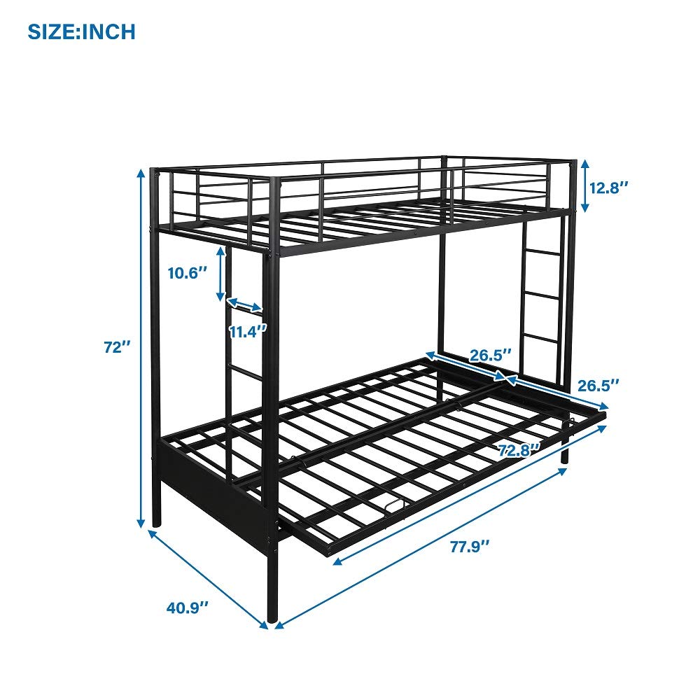 Rhomtree Convertible Metal Bunk Bed - Twin Over Futon or Full Size Loft Bed Frame with Ladder for Kids, Teens & Guests - Space-Saving Solution for Small Bedrooms, Dorms & Apartments - Black
