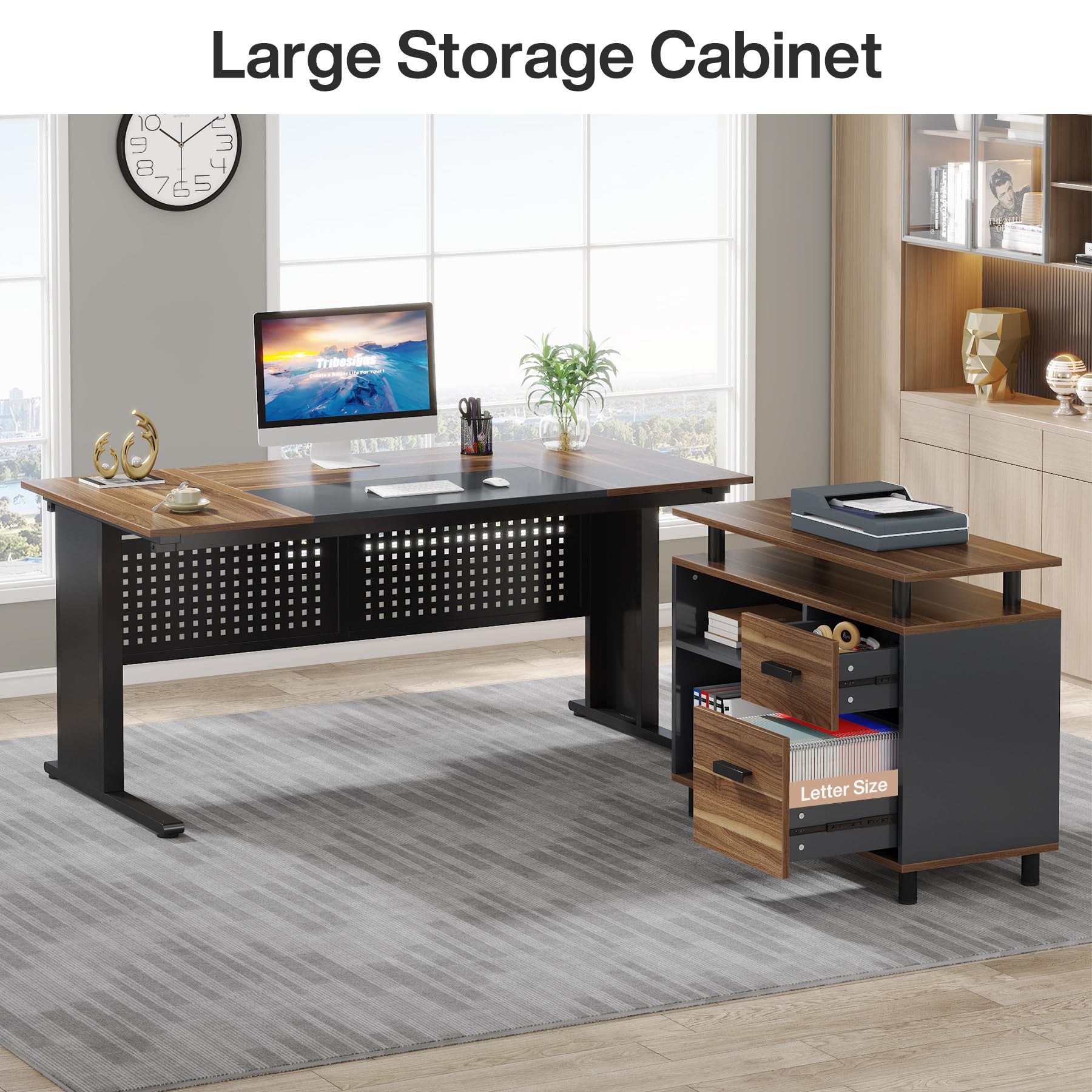 Tribesigns 63 Inch L-Shaped Executive Desk with File Cabinet & Storage Shelves - Large Office Computer Desk with Drawers for Home Office Workstation (Brown & Black) | Perfect for Small Spaces & Remote Work