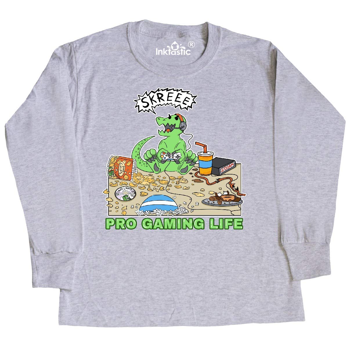 Inktastic Pro Gaming Life Dinosaur Youth Long Sleeve T-Shirt for Boys & Girls - Comfortable Cotton Tee for Gaming, School & Everyday Wear