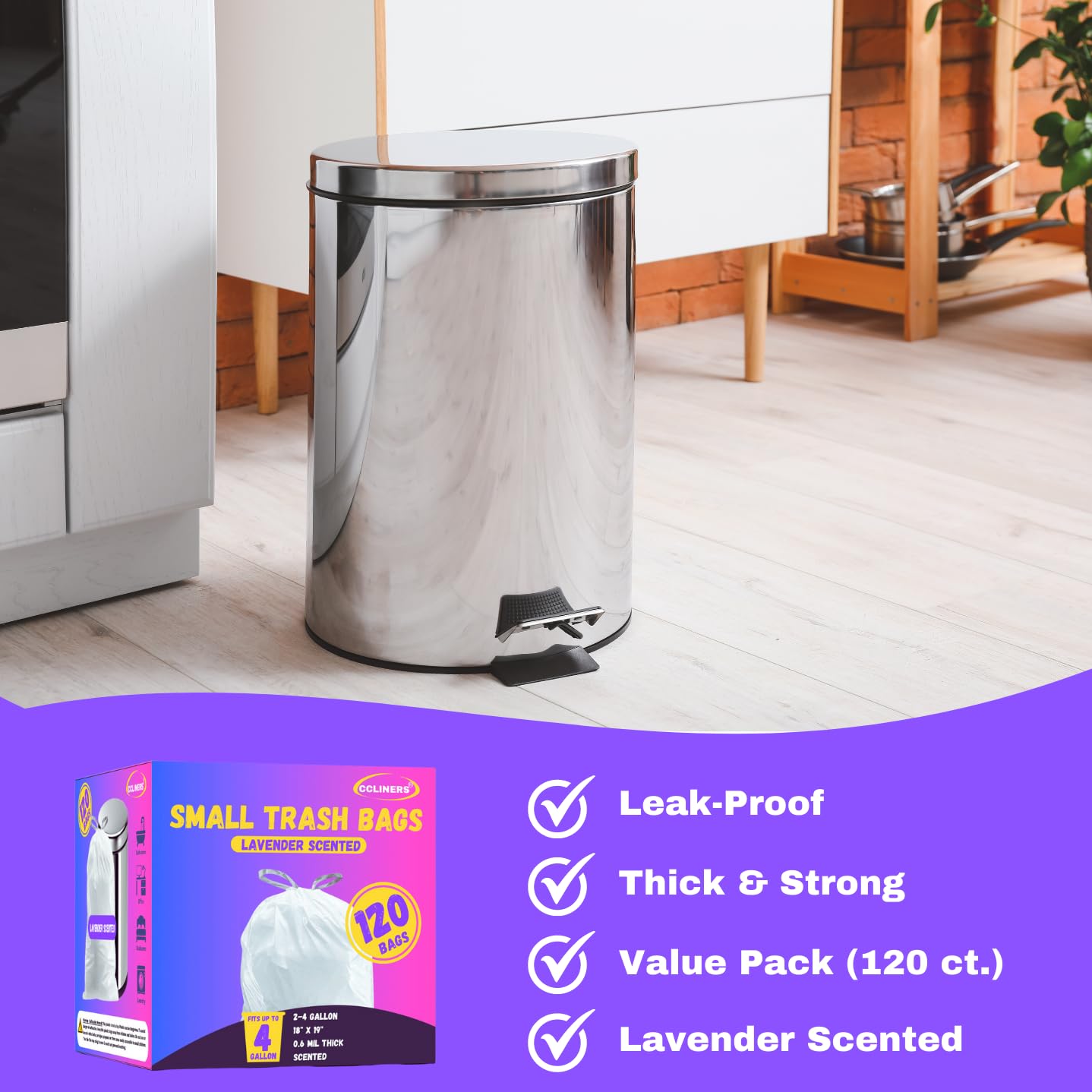 4 Gallon Lavender Scented Drawstring Trash Bags - 120 Count Small Bathroom Garbage Can Liners for Home, Office, Kitchen & Bedroom Waste Bins - Fresh Scented Odor Control for Daily Use