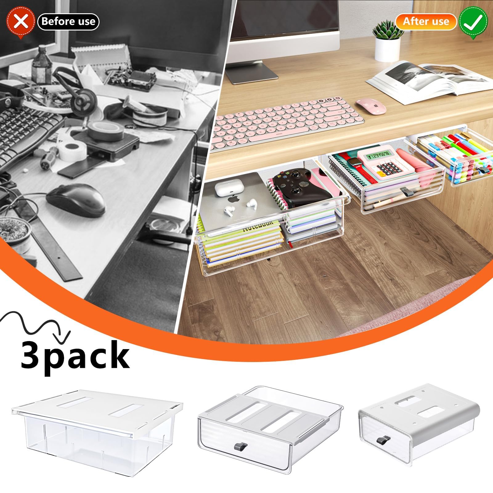 3 Pack Clear Plastic Under Desk Drawer Organizer - Slide Out Hidden Storage for Office, School & Home - Self-Adhesive Desktop Organizer with Pen Holder (3 Sizes) - Perfect for Small Space Organization & Clutter-Free Workspaces