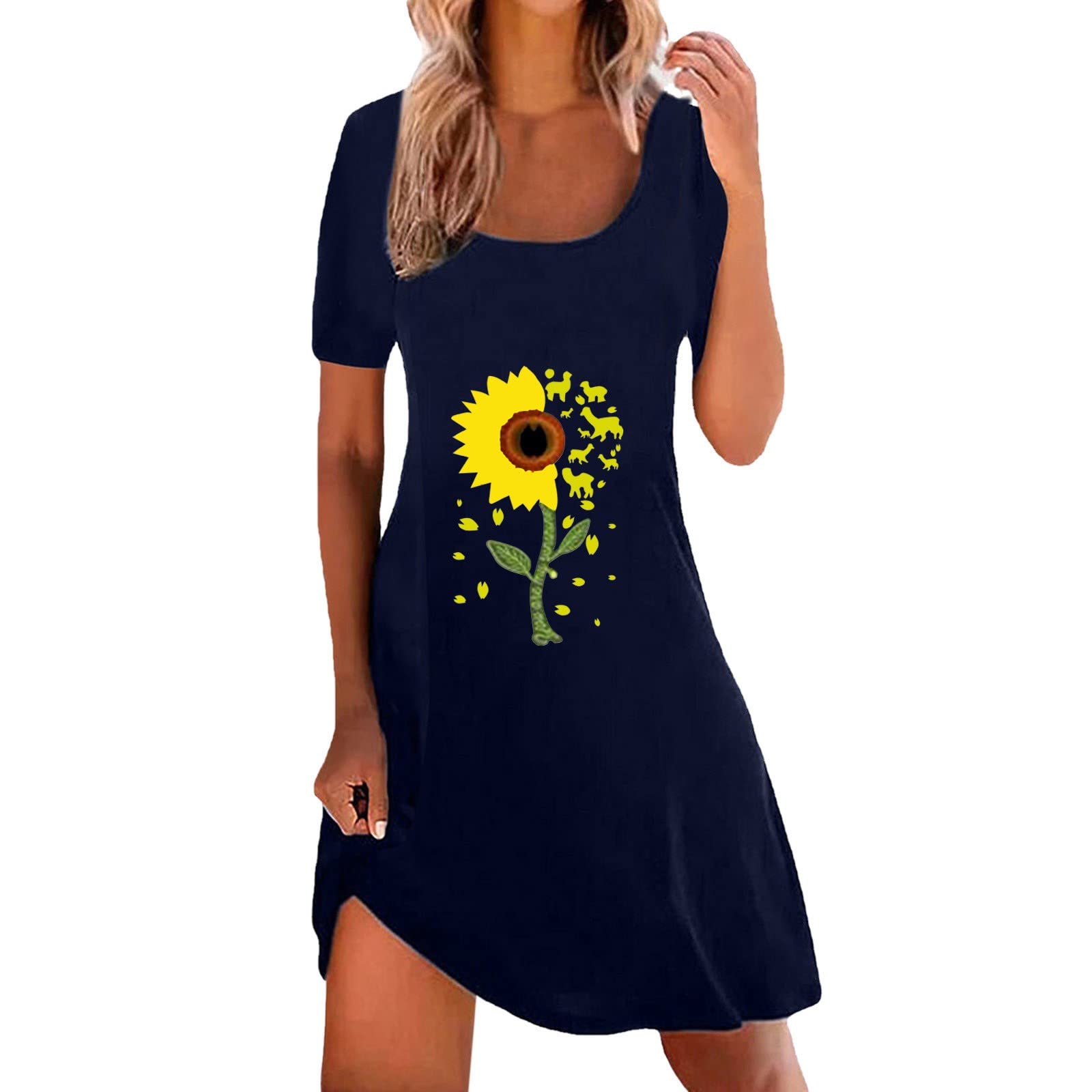 MOMKER Women's Summer Dress 2022 - Floral Sunflower Print Round Neck Short Sleeve Casual Dress for Women | Perfect for Beach Outings, Date Nights & Summer Vacations
