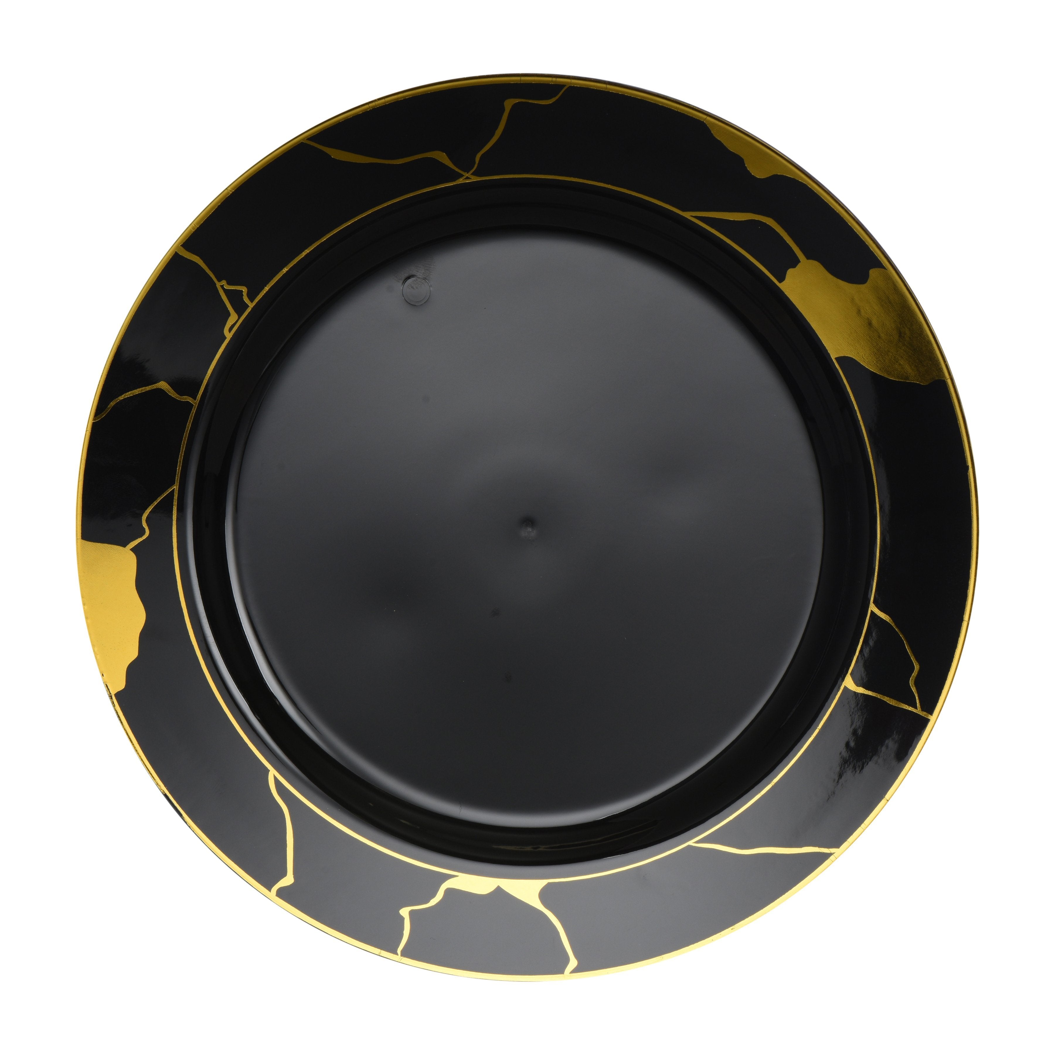 Elegant Black and Gold Marble Round Plastic Plates - 12-Pack for Parties, Weddings & Elegant Dining - Dishwasher Safe & Durable Disposable Tableware
