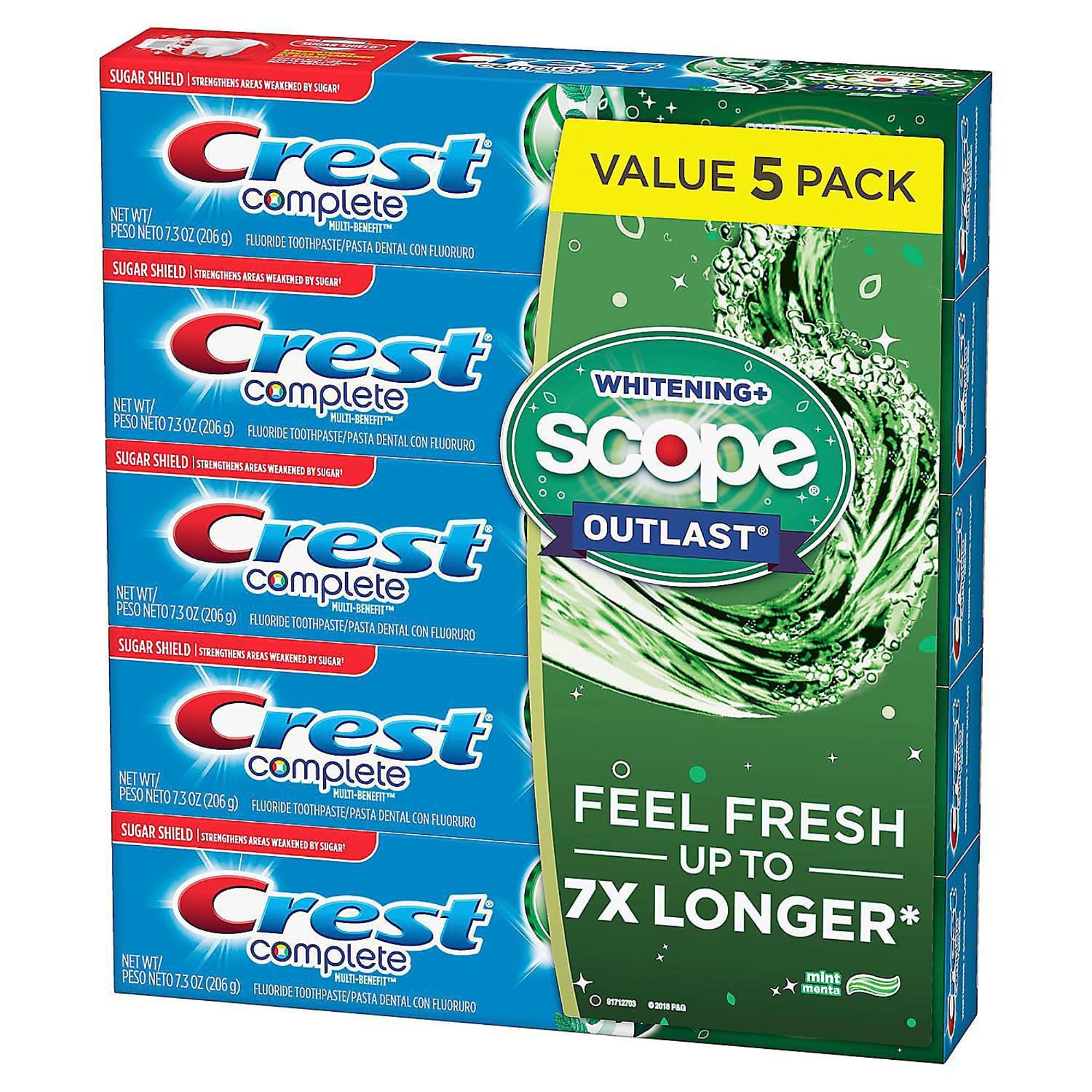 **Concord Import Crest Complete Whitening + Scope Toothpaste (7.3 Oz, 5 Pack) – Fresh Mint Flavor for Daily Oral Care – Wholesale & Bulk Discounts – Perfect for Families, Travel, and Stocking Up**