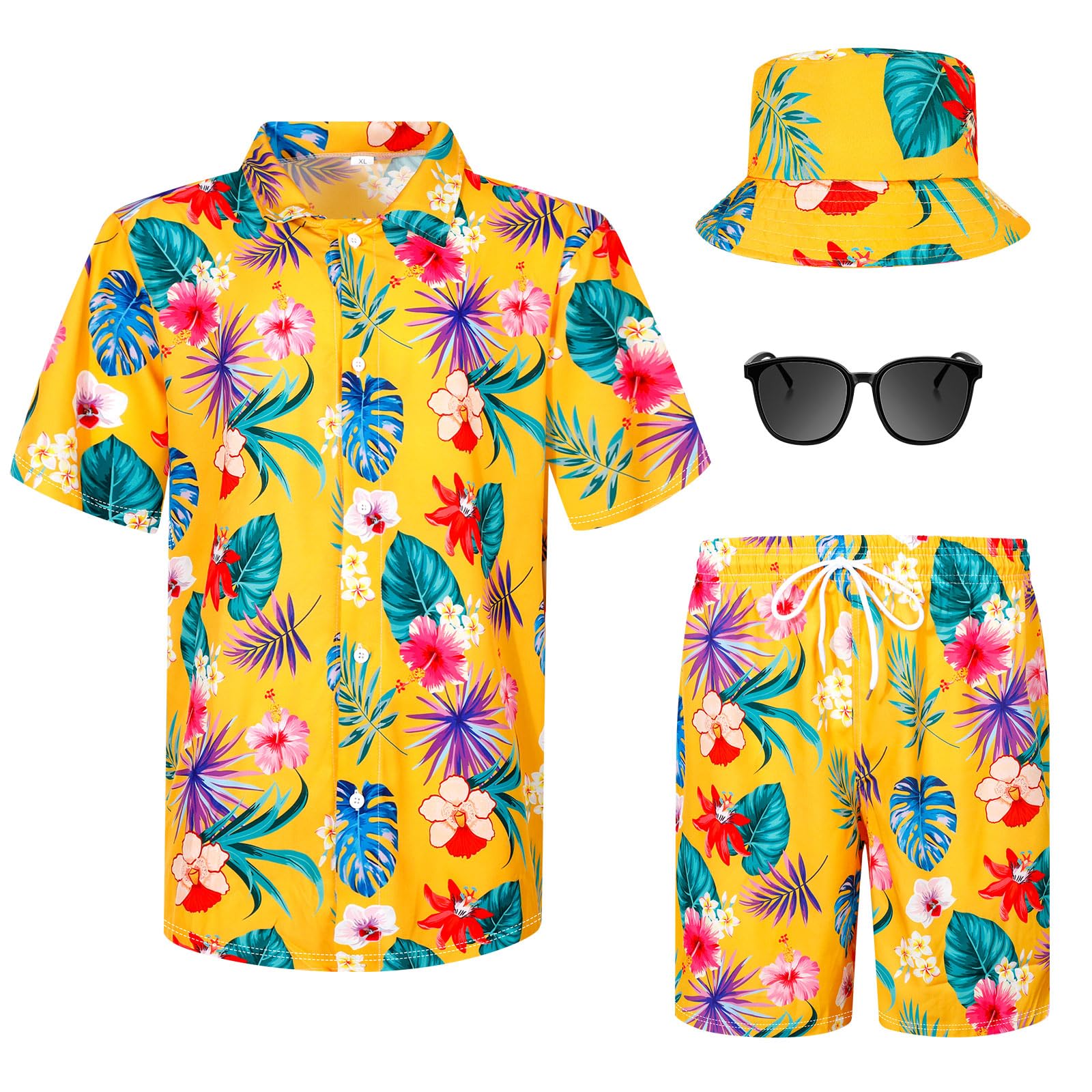 Harloon 4Pcs Men's Hawaiian Shirt and Shorts Set - Tropical Floral Button Down Beach Outfit with Bucket Hat & Sunglasses | Summer Vacation, Pool Party, Luau, Cruise Wear