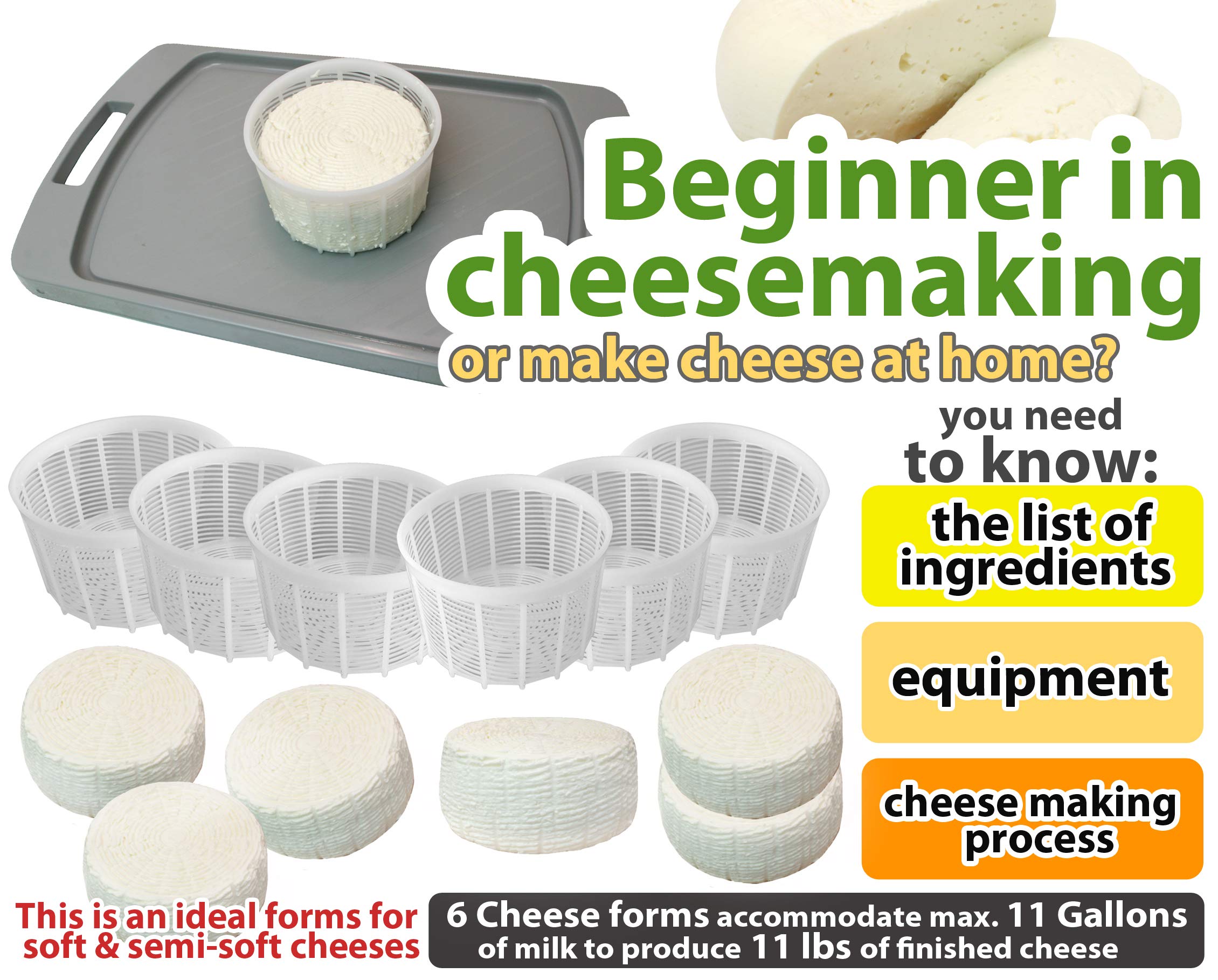 6-Piece Soft Cheese Mold Set for Homemade Cheese Making - 1.25QT Small Cheese Basket Mold for Feta, Ricotta & Cream Cheese - DIY Cheese Making Supplies - Perfect for Artisan Cheesemaking at Home (Molde Para Queso Fresco Casero) - Great for Gifts, Cooking Classes & Farmhouse Kitchens