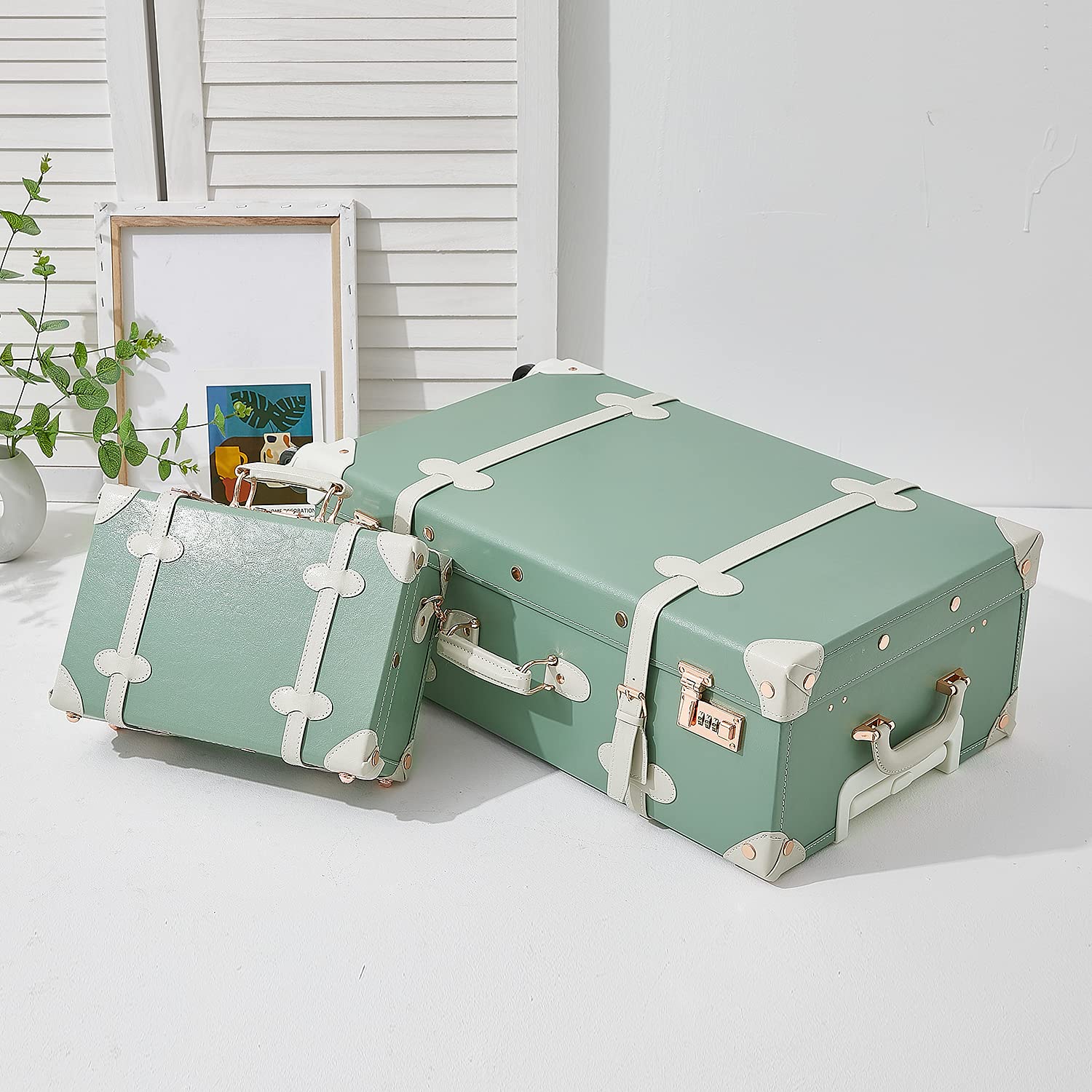 Vintage 2-Piece Suitcase Set with Cosmetic Train Case - 20in Carry-On & 12in Makeup Bag for Women in Mint Green | Perfect for Travel, Weekend Getaways & Airplane Carry-On Luggage