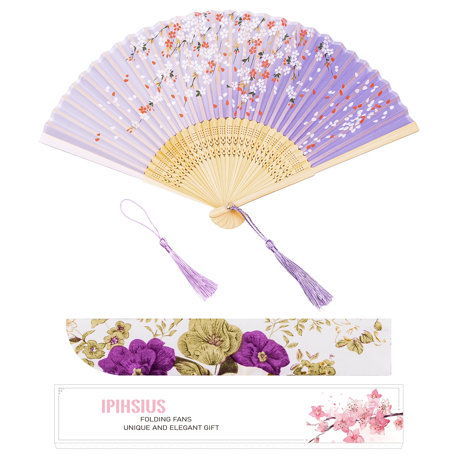 Elegant Slik Folding Hand Fan - Premium Bamboo Frame with Storage Bag & Tassel | Cooling, Performance, Decoration & Gift | Classic Ink Plum Violet Gradient Design | Perfect for Summer, Weddings, Theater & Home Décor
