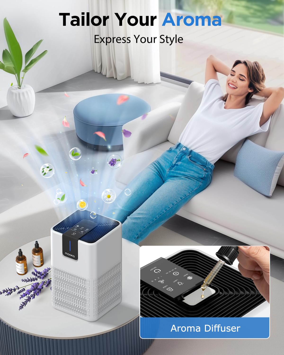 MOOKA H13 True HEPA Air Purifier for Large Rooms up to 1250 Sq Ft - Eliminates Pet Dander, Dust, Smoke & Odors - Ultra Quiet 15dB Sleep Mode with Aromatherapy Function - Perfect for Bedroom, Office & Living Room - Improves Air Quality for Allergy & Asthma Sufferers